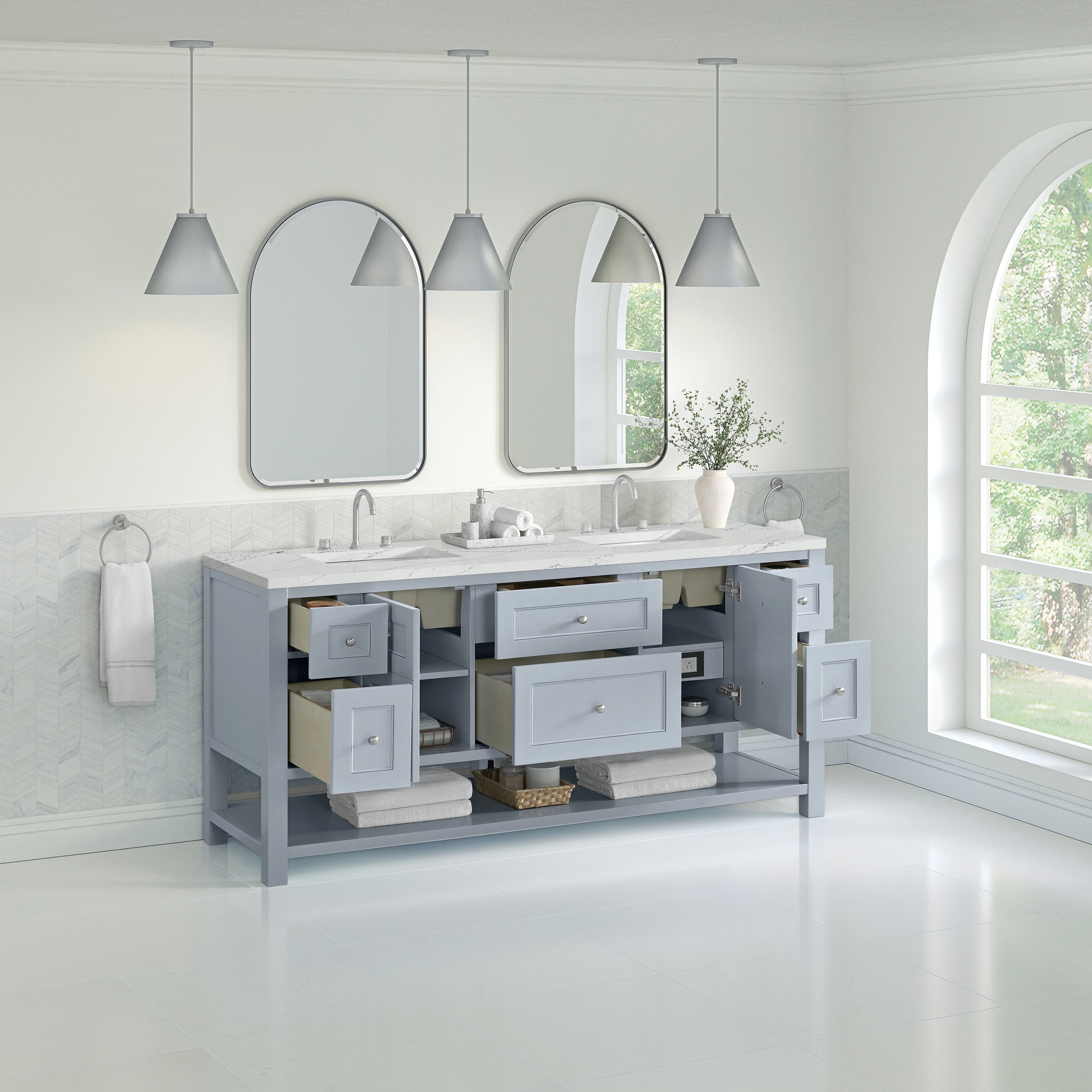 Breckenridge 72" Double Vanity, Serenity Blue, w/ 3 CM Ethereal Noctis Quartz Top w/FreePower Wireless Charger
