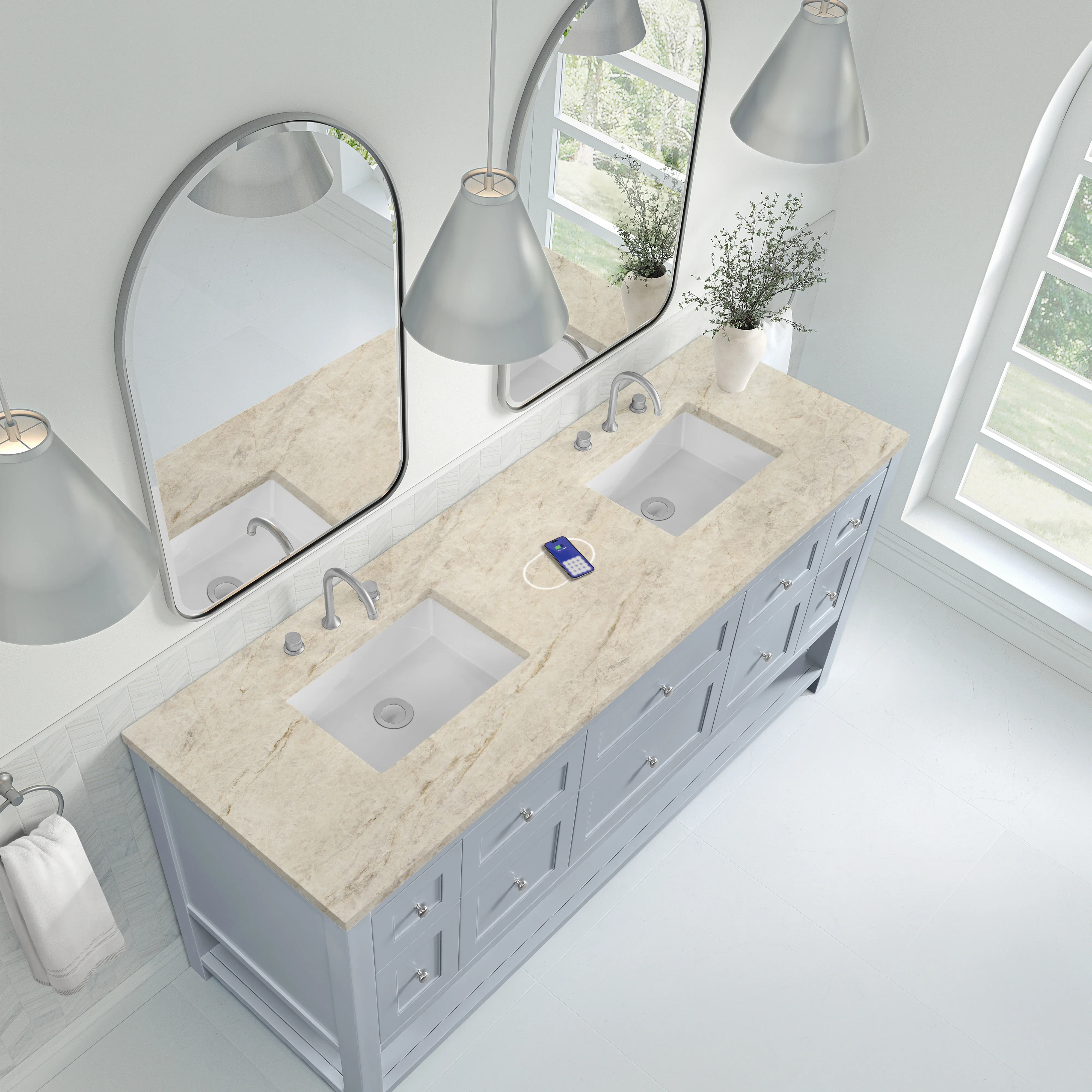 Breckenridge 72" Double Vanity, Serenity Blue, w/ 3 CM Tajnar Eclos Top w/FreePower Wireless Charger