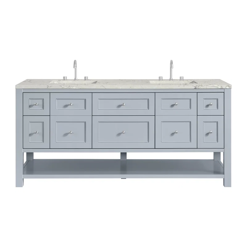 Breckenridge 72" Double Vanity, Serenity Blue, w/ 3 CM Victorian Silver Quartz Top w/FreePower Wireless Charger