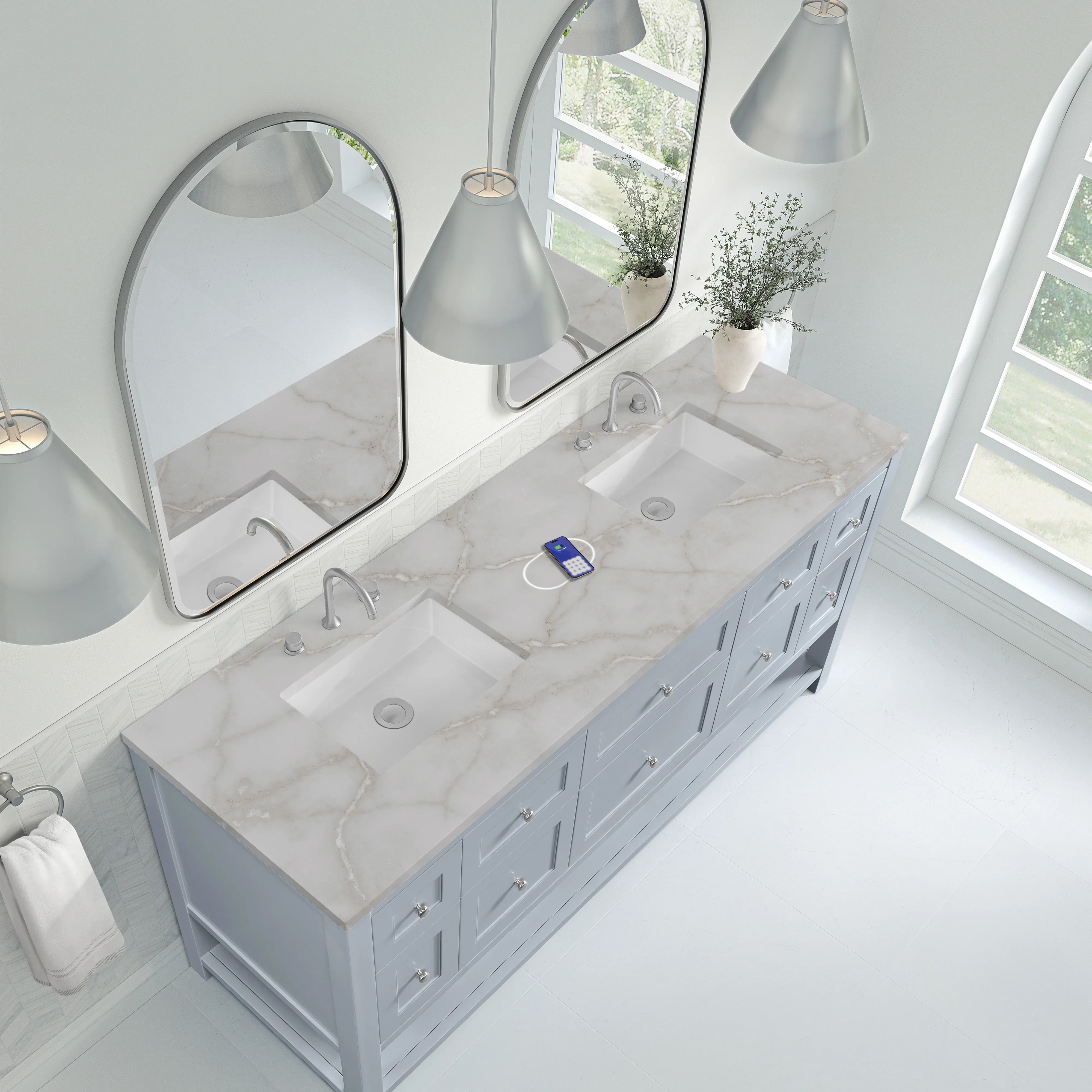Breckenridge 72" Double Vanity, Serenity Blue, w/ 3 CM Victorian Silver Quartz Top w/FreePower Wireless Charger