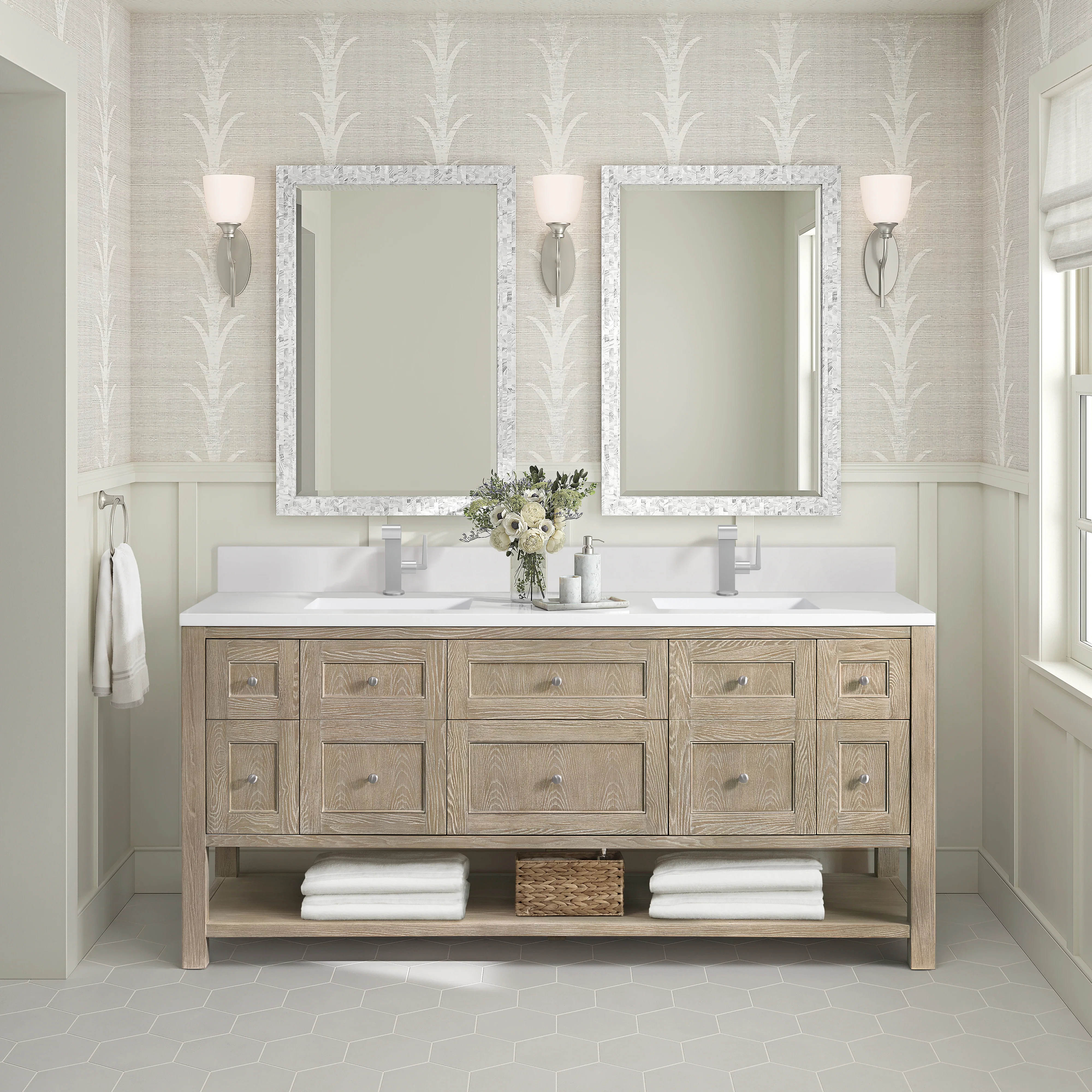 Breckenridge 72" Double Vanity, Whitewashed Oak w/ Single Hole 3 CM White Zeus Silestone Top & Backsplash