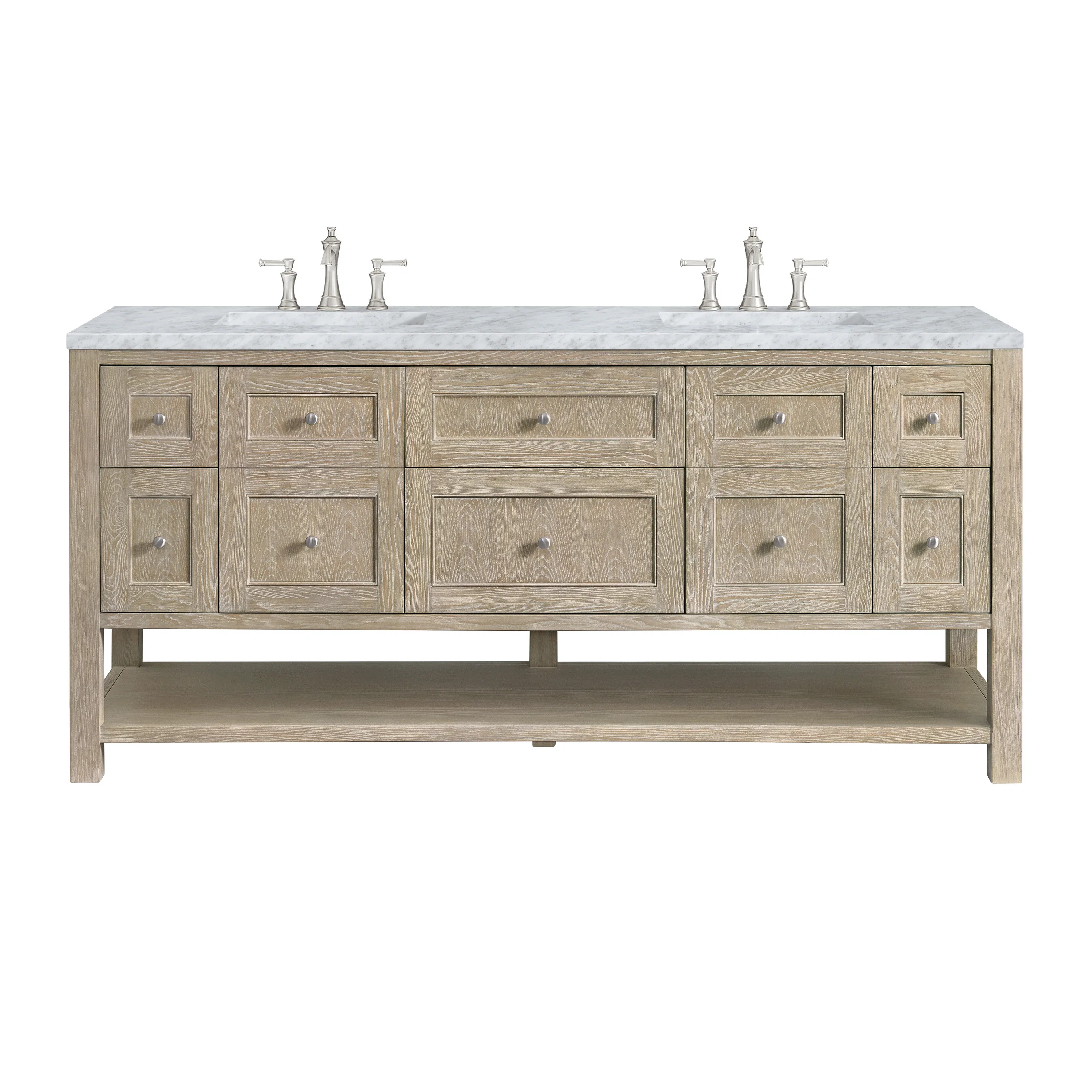 Breckenridge 72" Double Vanity, Whitewashed Oak w/ 3 CM Carrara White Marble Top