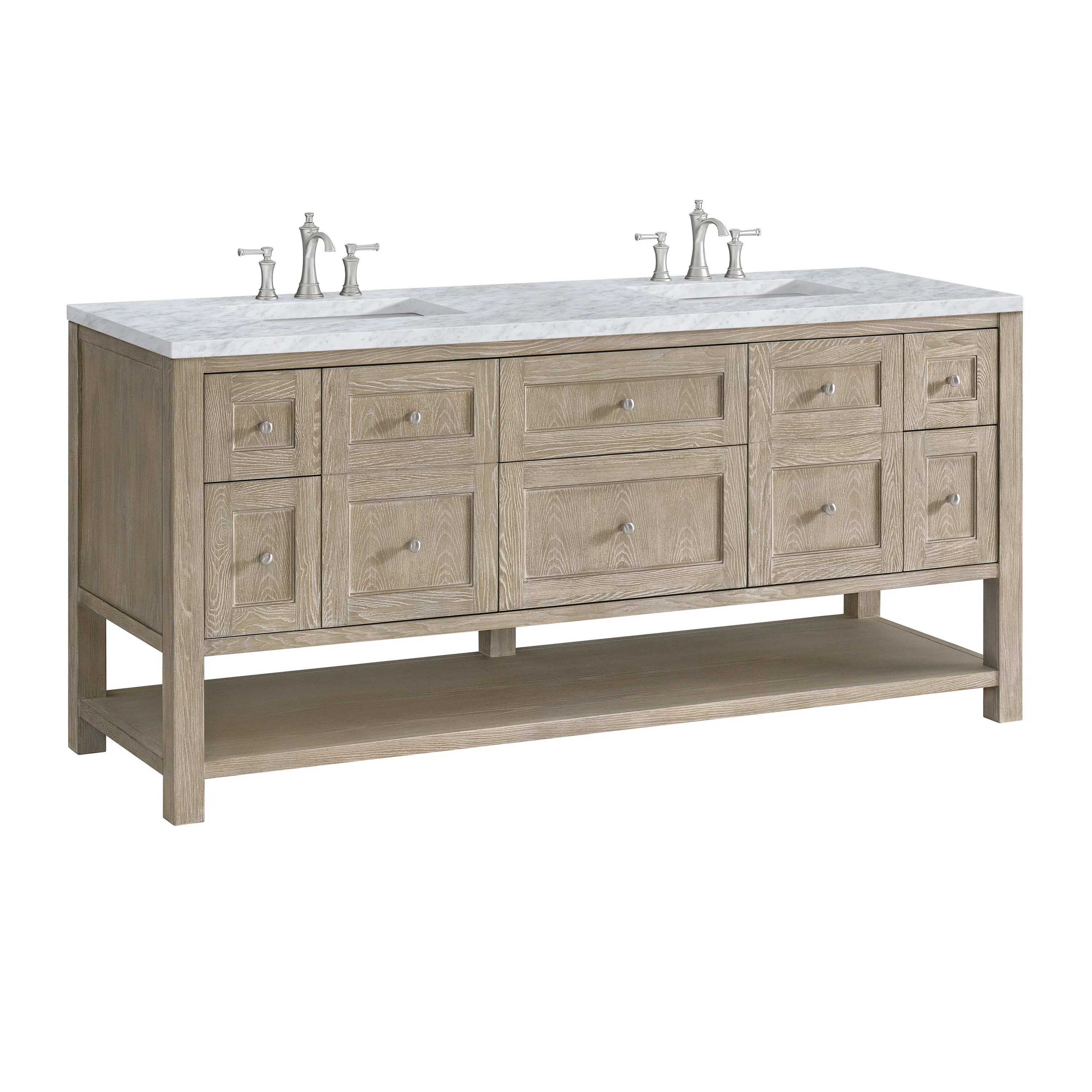 Breckenridge 72" Double Vanity, Whitewashed Oak w/ 3 CM Carrara White Marble Top