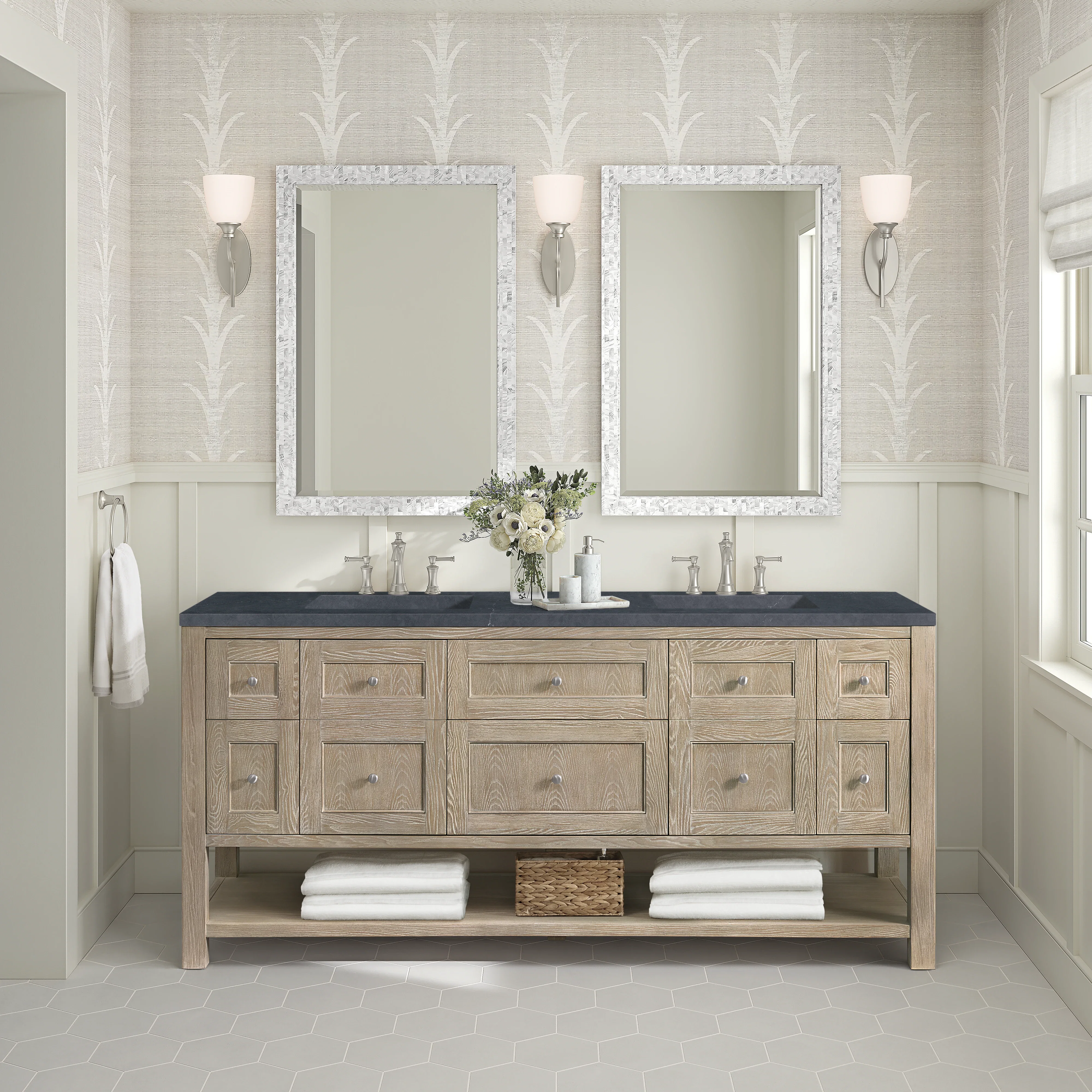 Breckenridge 72" Double Vanity, Whitewashed Oak w/ 3 CM Charcoal Soapstone Silestone Top