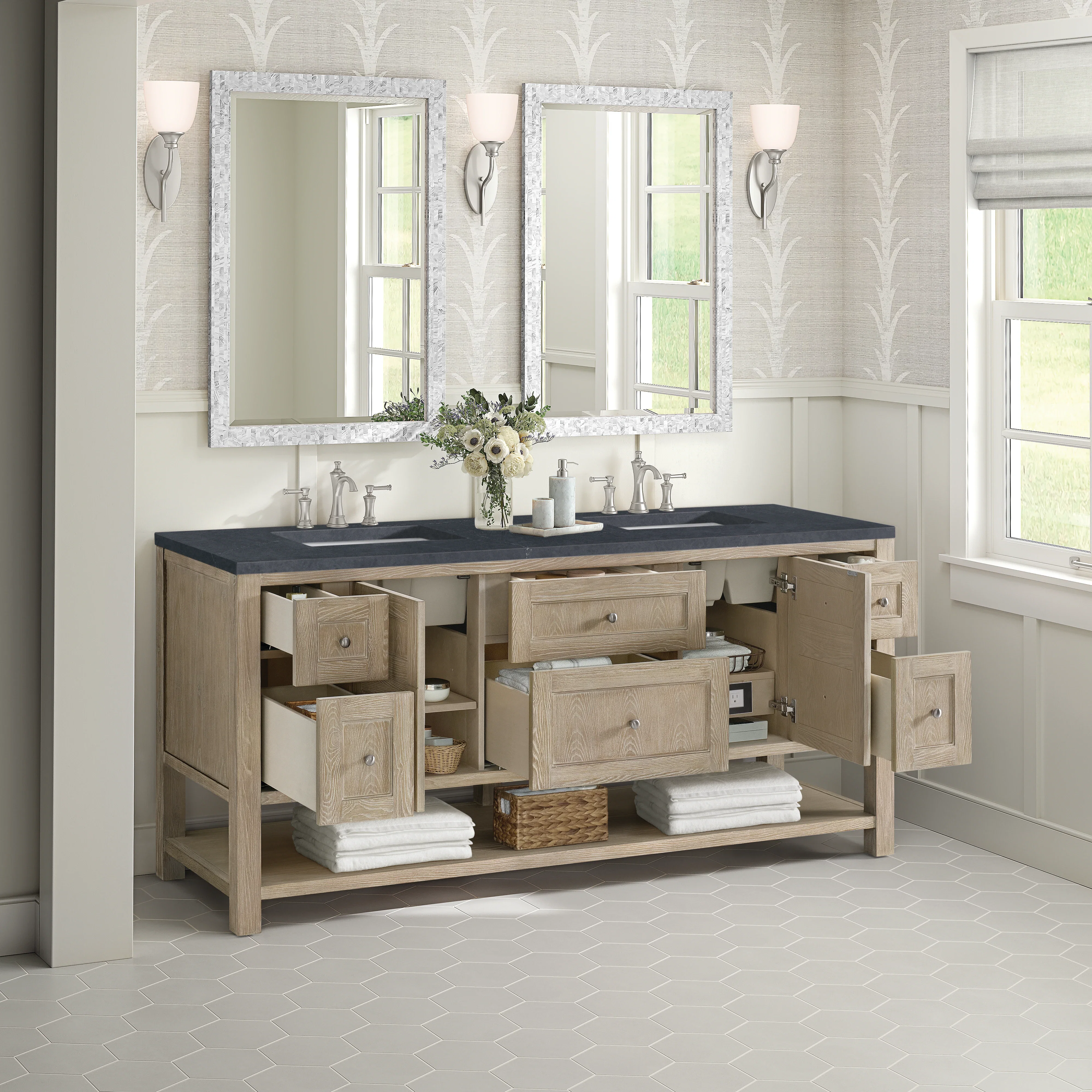 Breckenridge 72" Double Vanity, Whitewashed Oak w/ 3 CM Charcoal Soapstone Silestone Top
