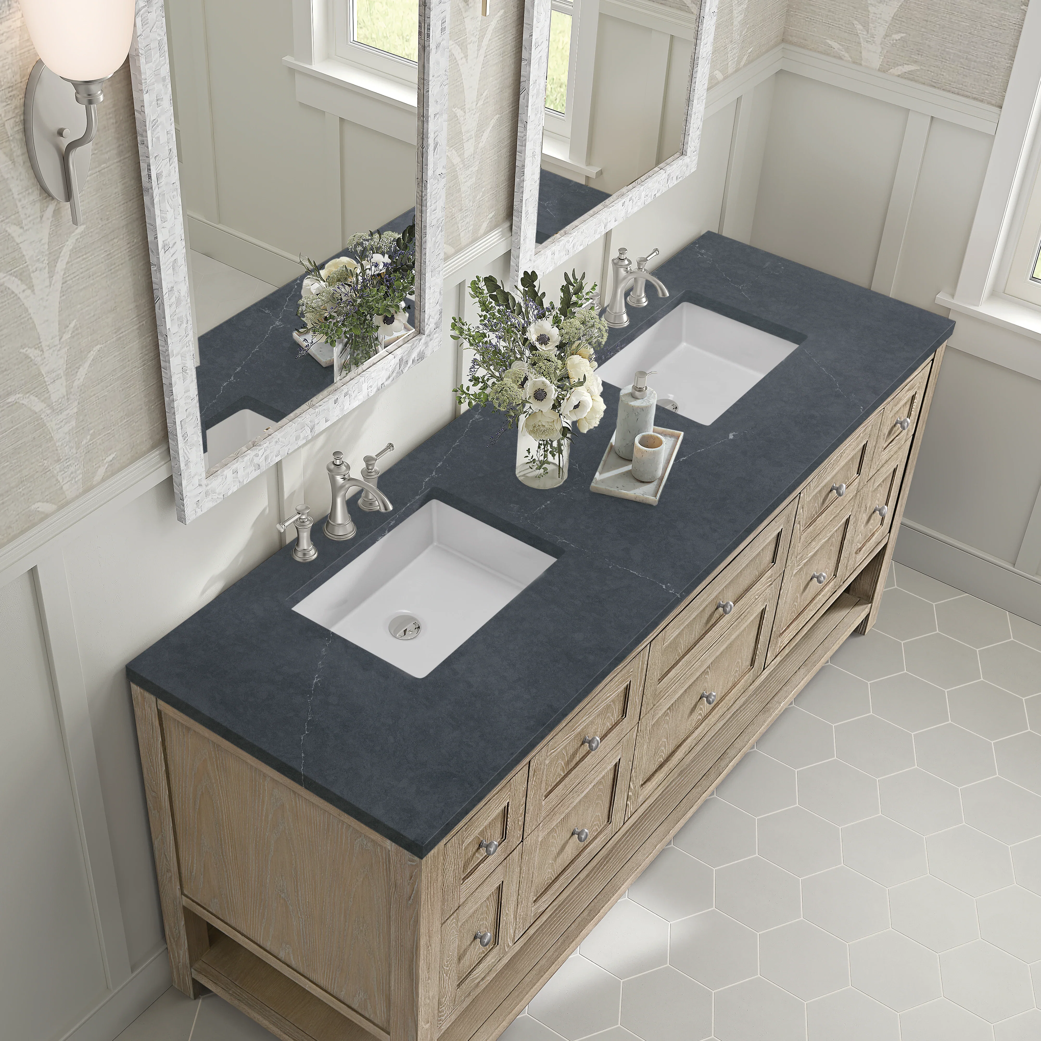 Breckenridge 72" Double Vanity, Whitewashed Oak w/ 3 CM Charcoal Soapstone Silestone Top
