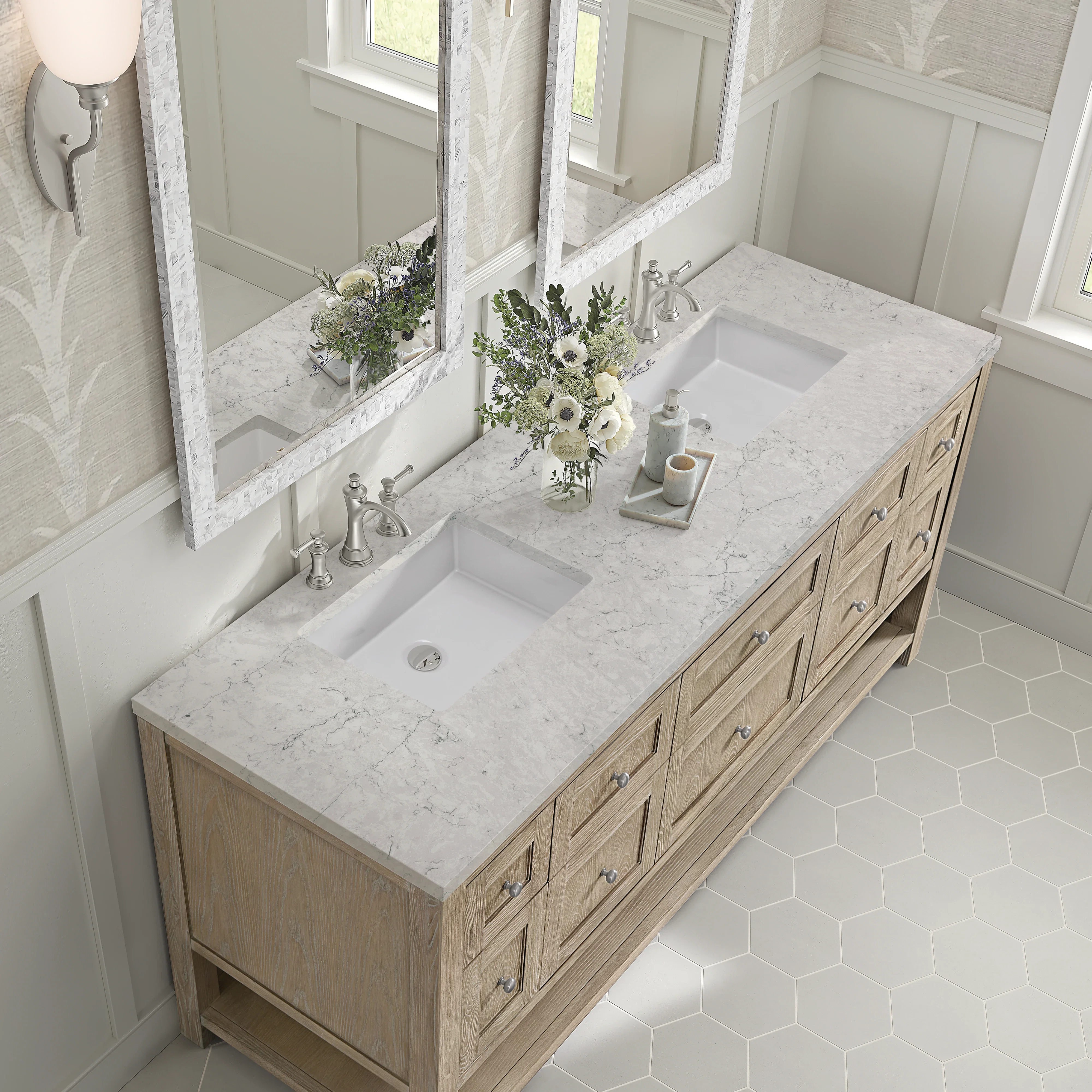Breckenridge 72" Double Vanity, Whitewashed Oak w/ 3 CM Eternal Jasmine Pearl Silestone Top