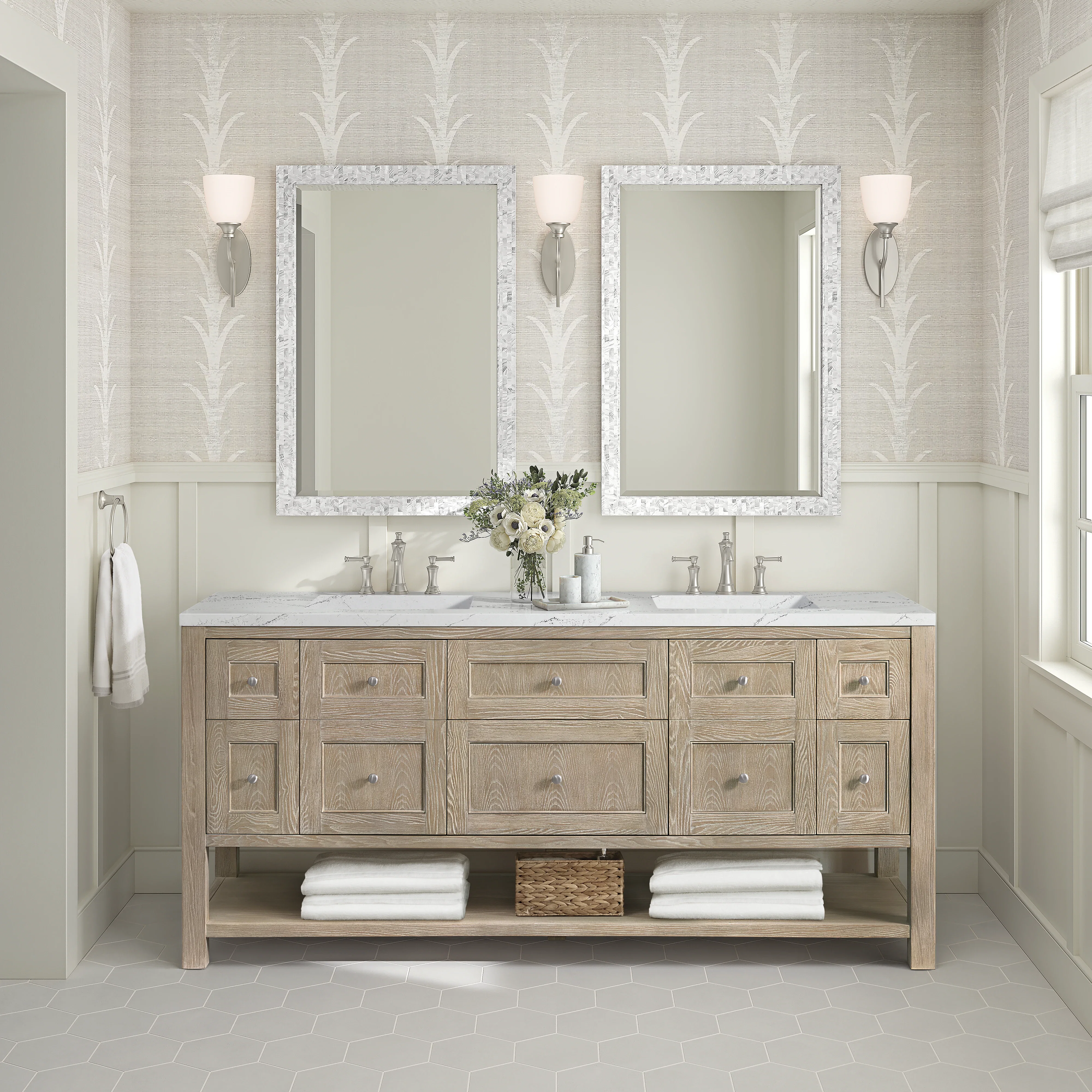 Breckenridge 72" Double Vanity, Whitewashed Oak w/ 3 CM Ethereal Noctis Silestone Top
