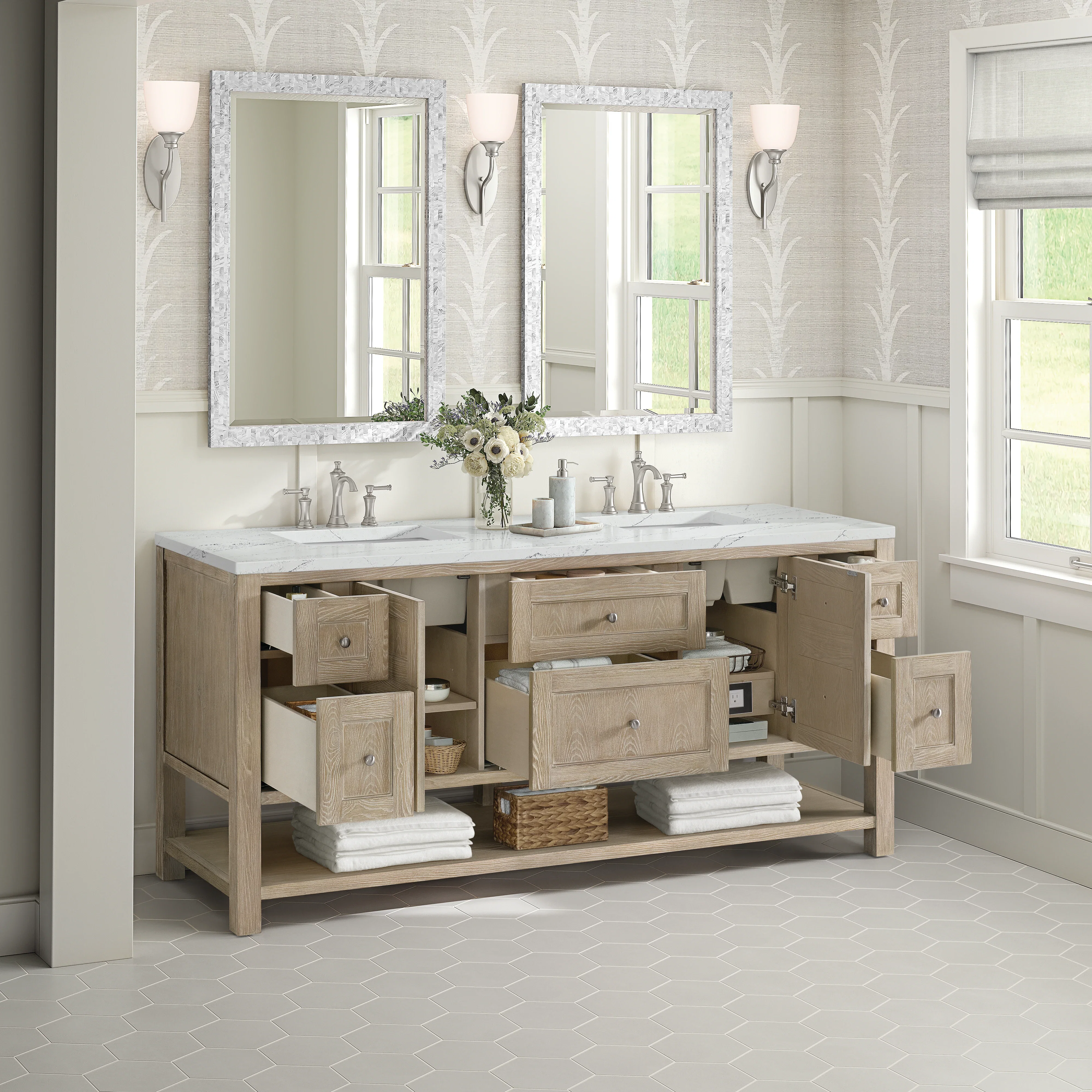 Breckenridge 72" Double Vanity, Whitewashed Oak w/ 3 CM Ethereal Noctis Silestone Top