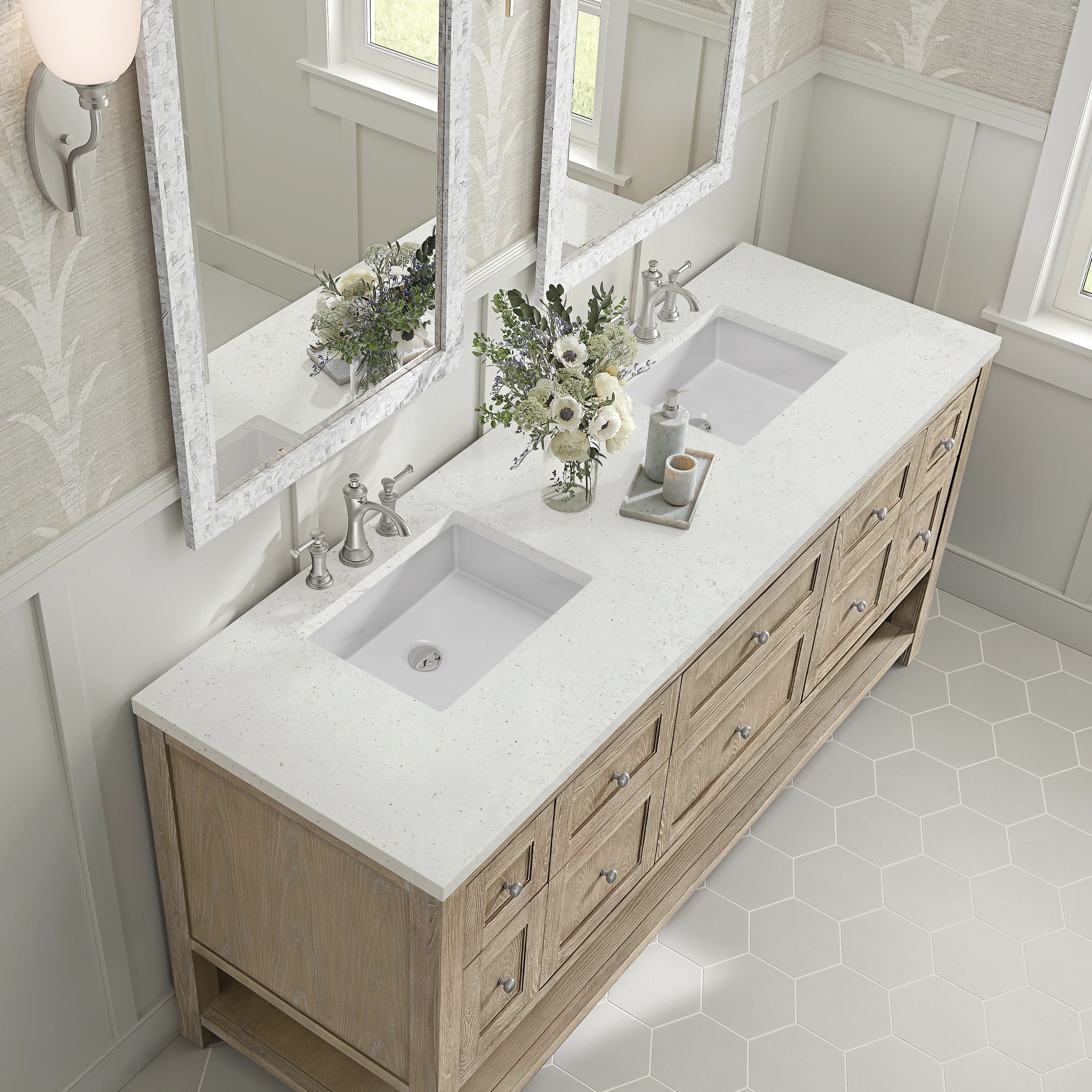 Breckenridge 72" Double Vanity, Whitewashed Oak w/ 3 CM Lime Delight Silestone Top