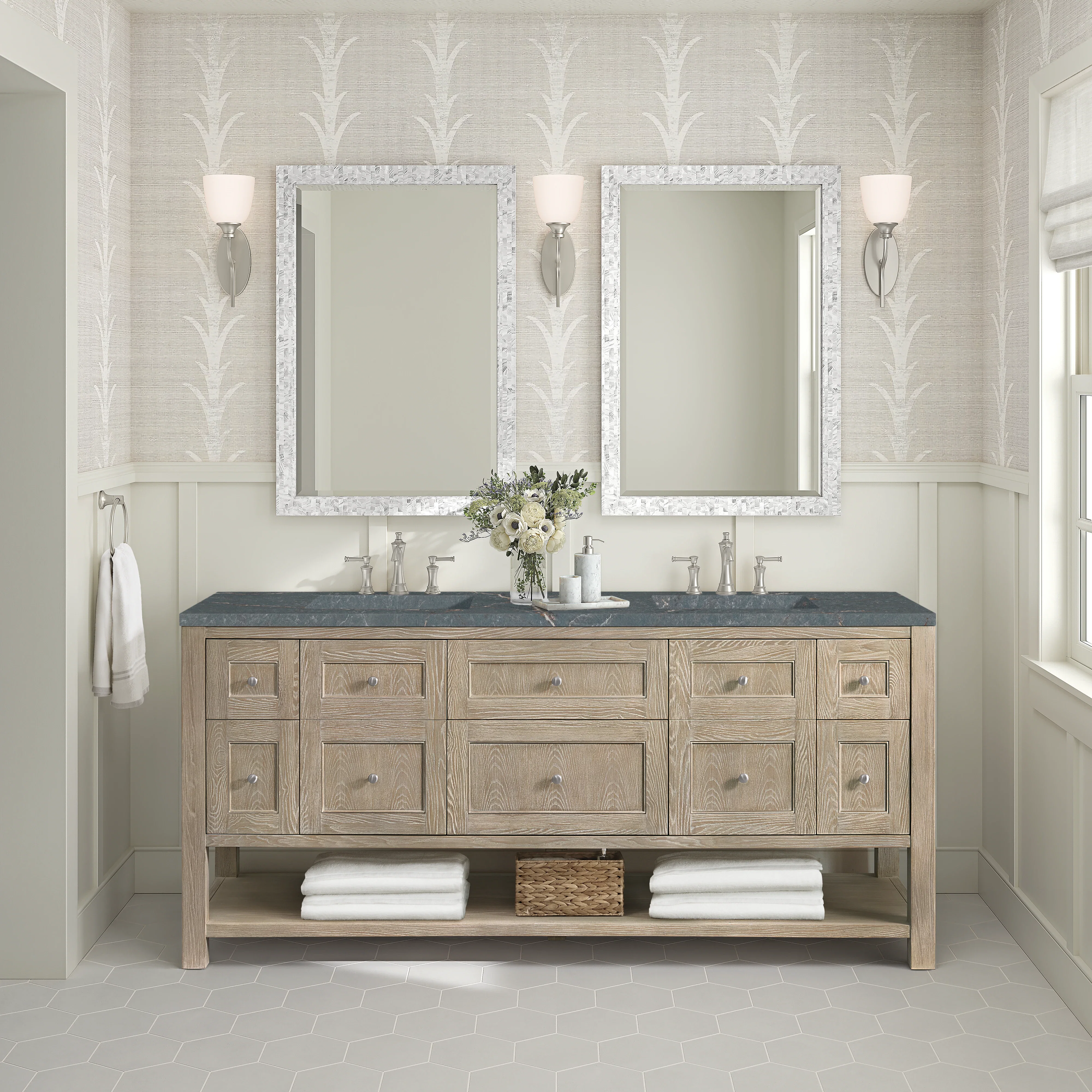 Breckenridge 72" Double Vanity, Whitewashed Oak w/ 3 CM Parisien Bleu Silestone Top