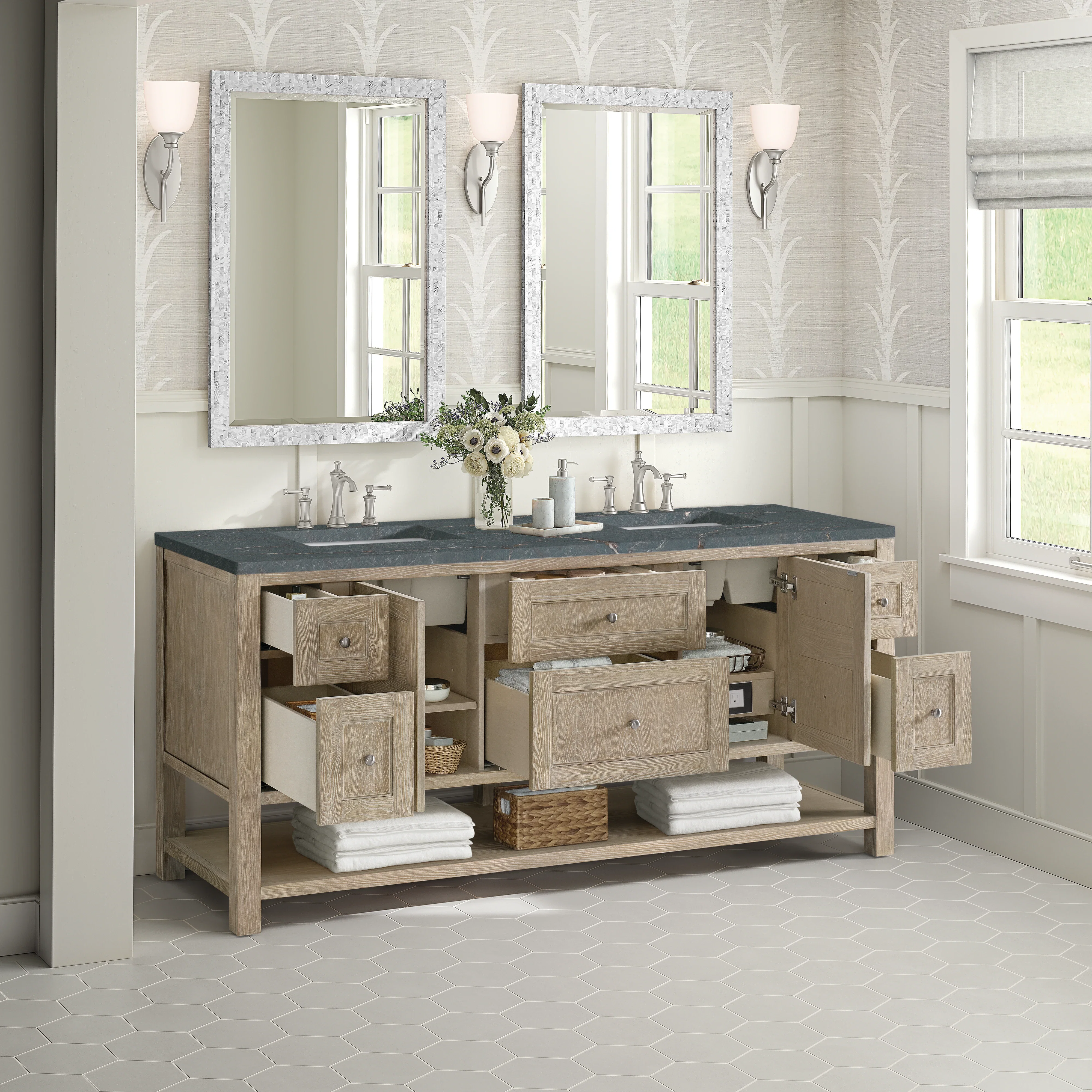 Breckenridge 72" Double Vanity, Whitewashed Oak w/ 3 CM Parisien Bleu Silestone Top