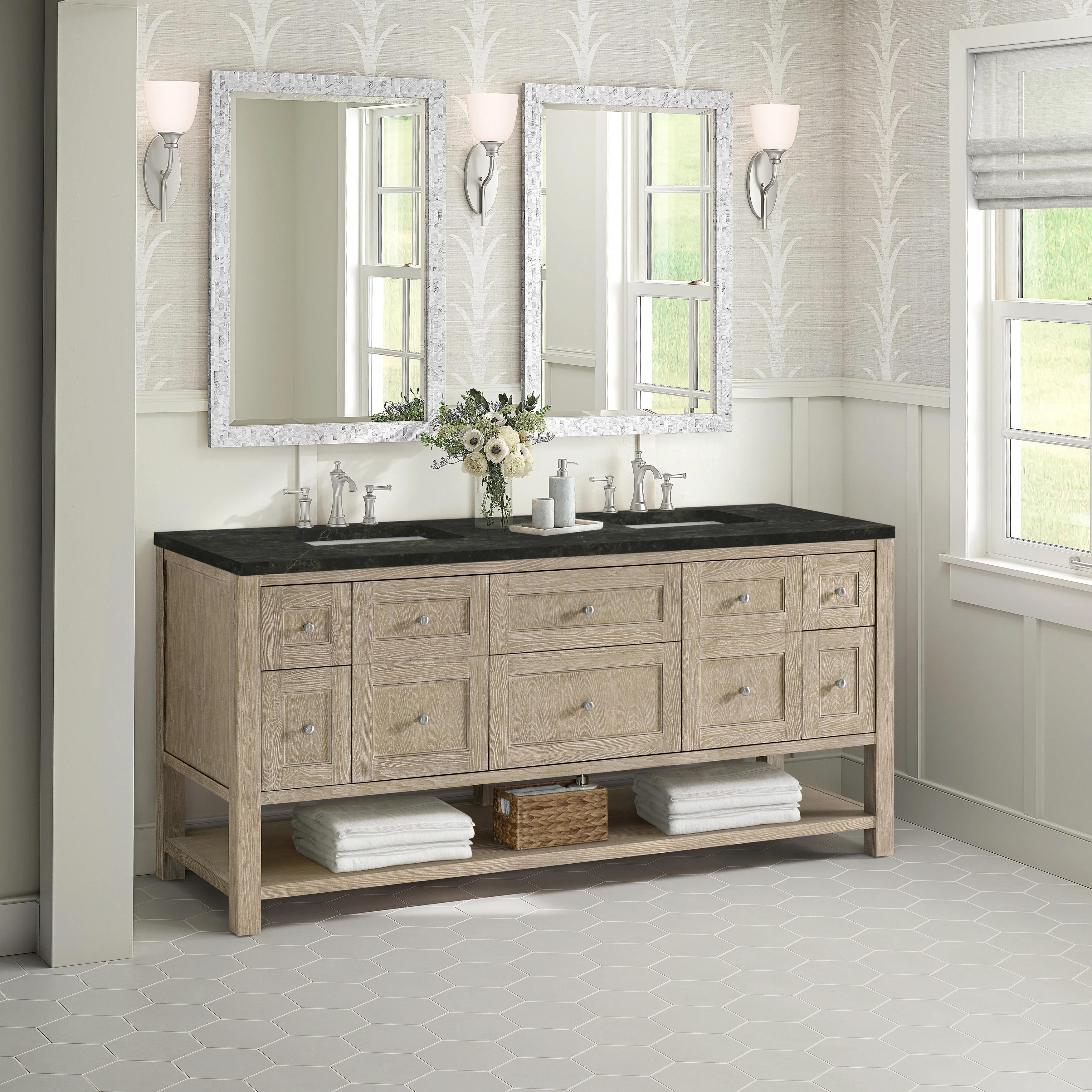 Breckenridge 72" Double Vanity, Whitewashed Oak, w/ 3 CM Phantome Eclos Top
