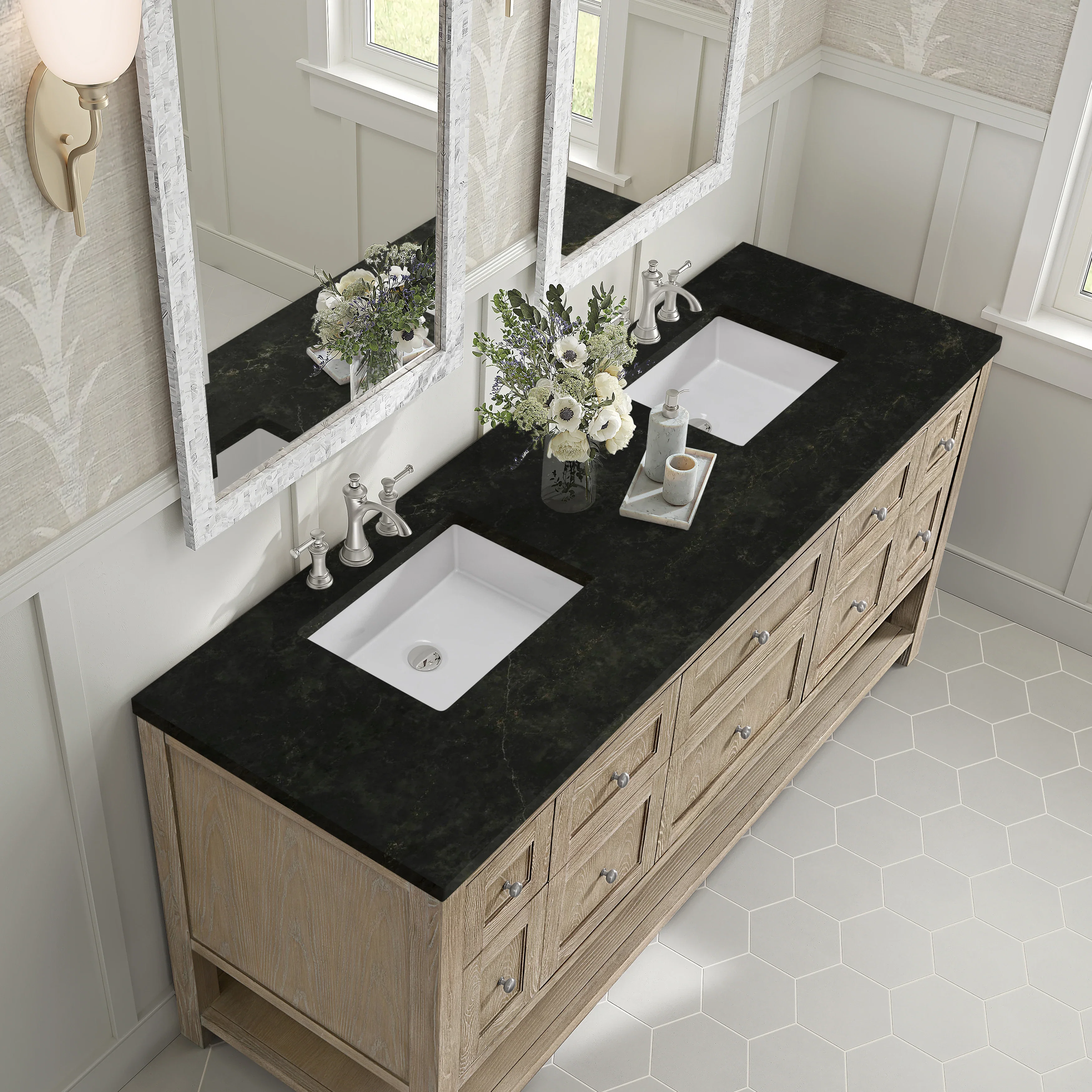 Breckenridge 72" Double Vanity, Whitewashed Oak, w/ 3 CM Phantome Eclos Top