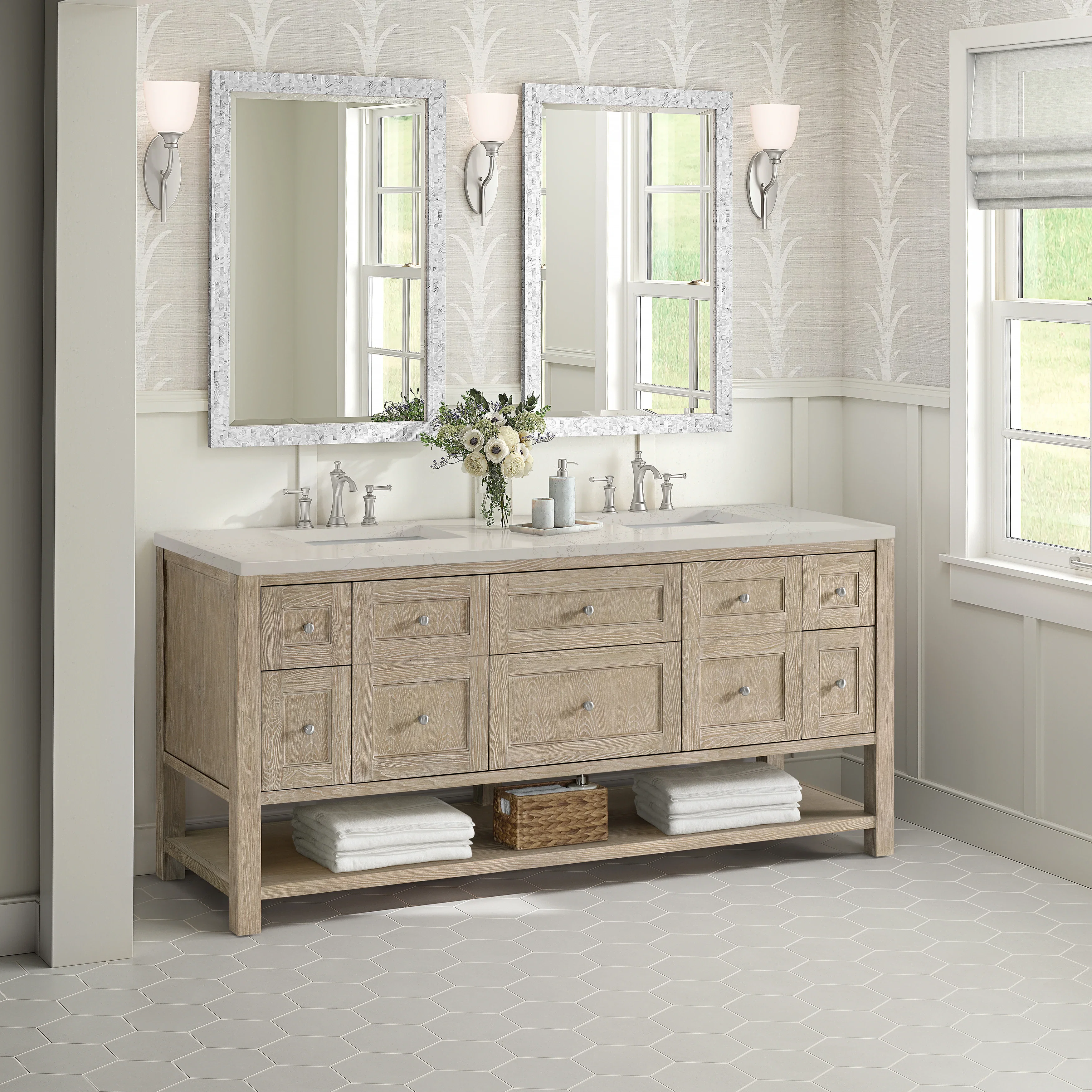 Breckenridge 72" Double Vanity, Whitewashed Oak, w/ 3 CM Siberian Silestone Top