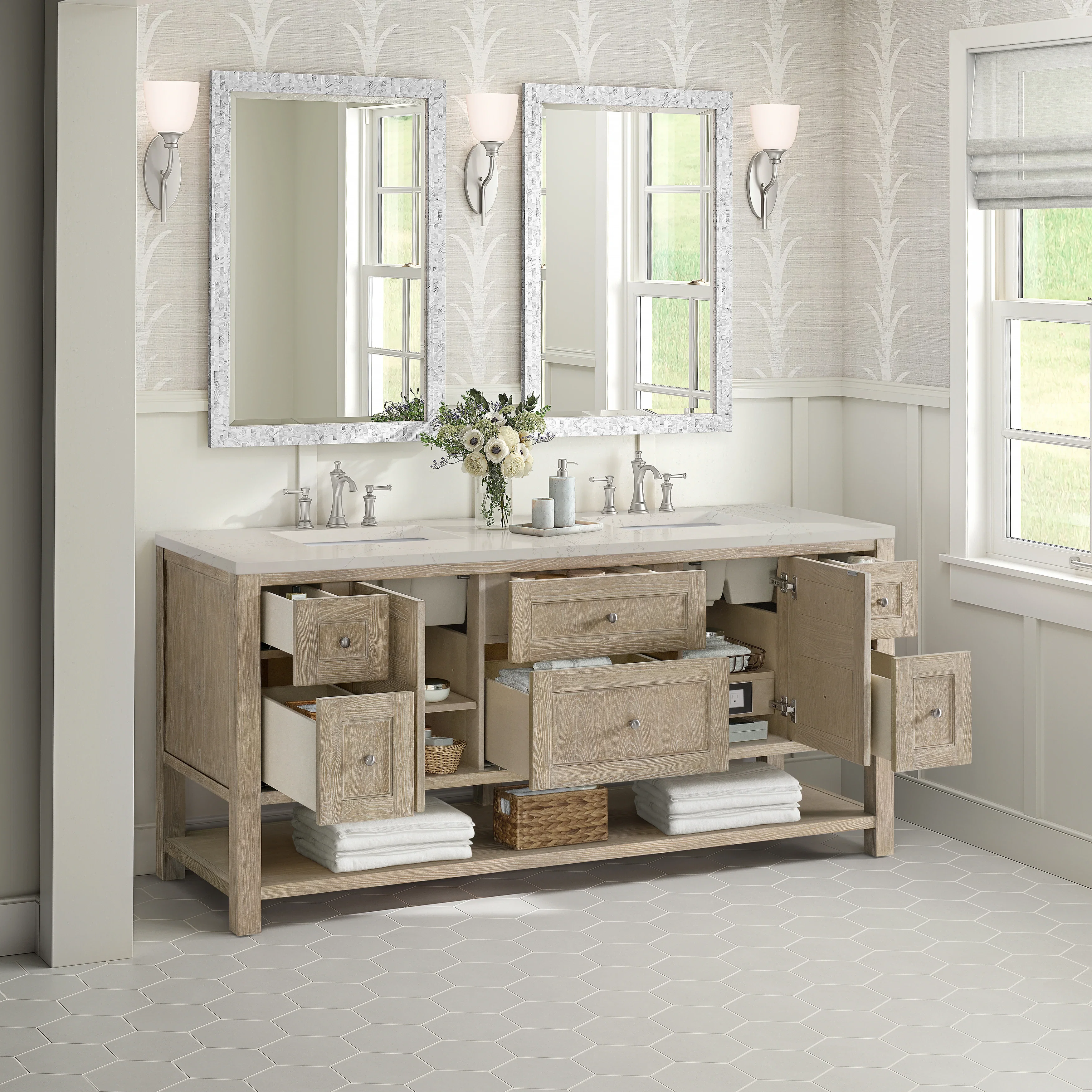 Breckenridge 72" Double Vanity, Whitewashed Oak, w/ 3 CM Siberian Silestone Top