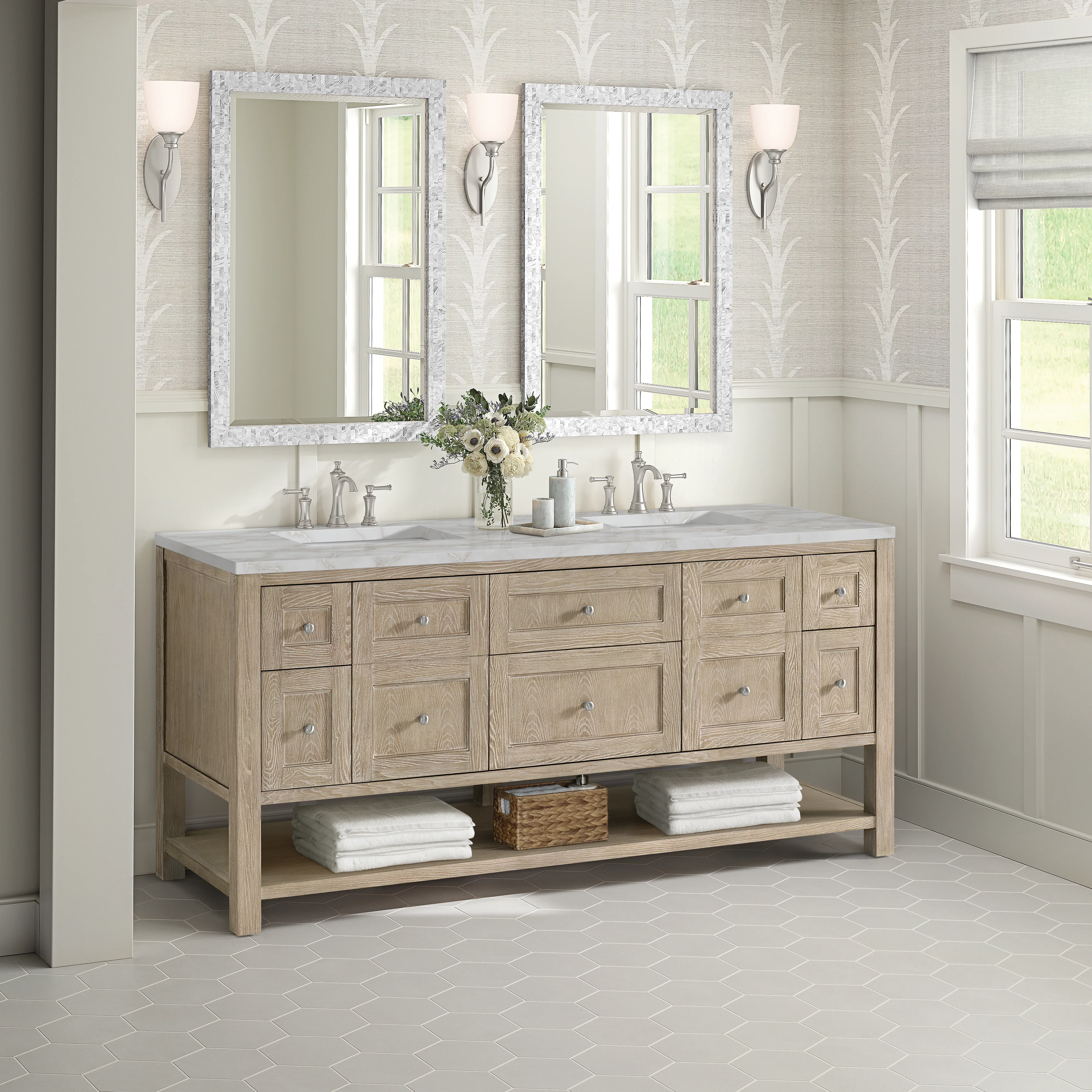 Breckenridge 72" Double Vanity, Whitewashed Oak w/ 3 CM Victorian Silver Silestone Top