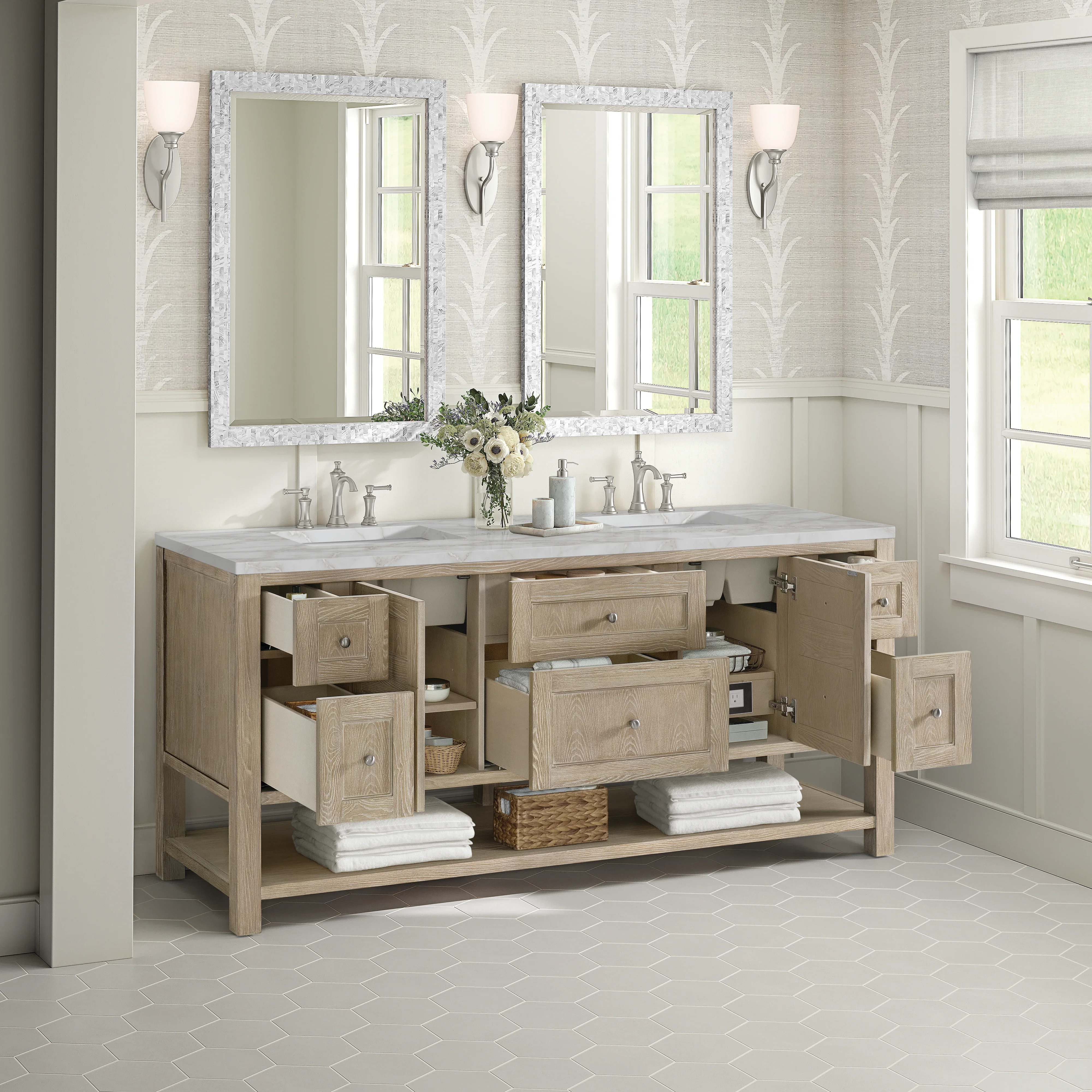 Breckenridge 72" Double Vanity, Whitewashed Oak w/ 3 CM Victorian Silver Silestone Top