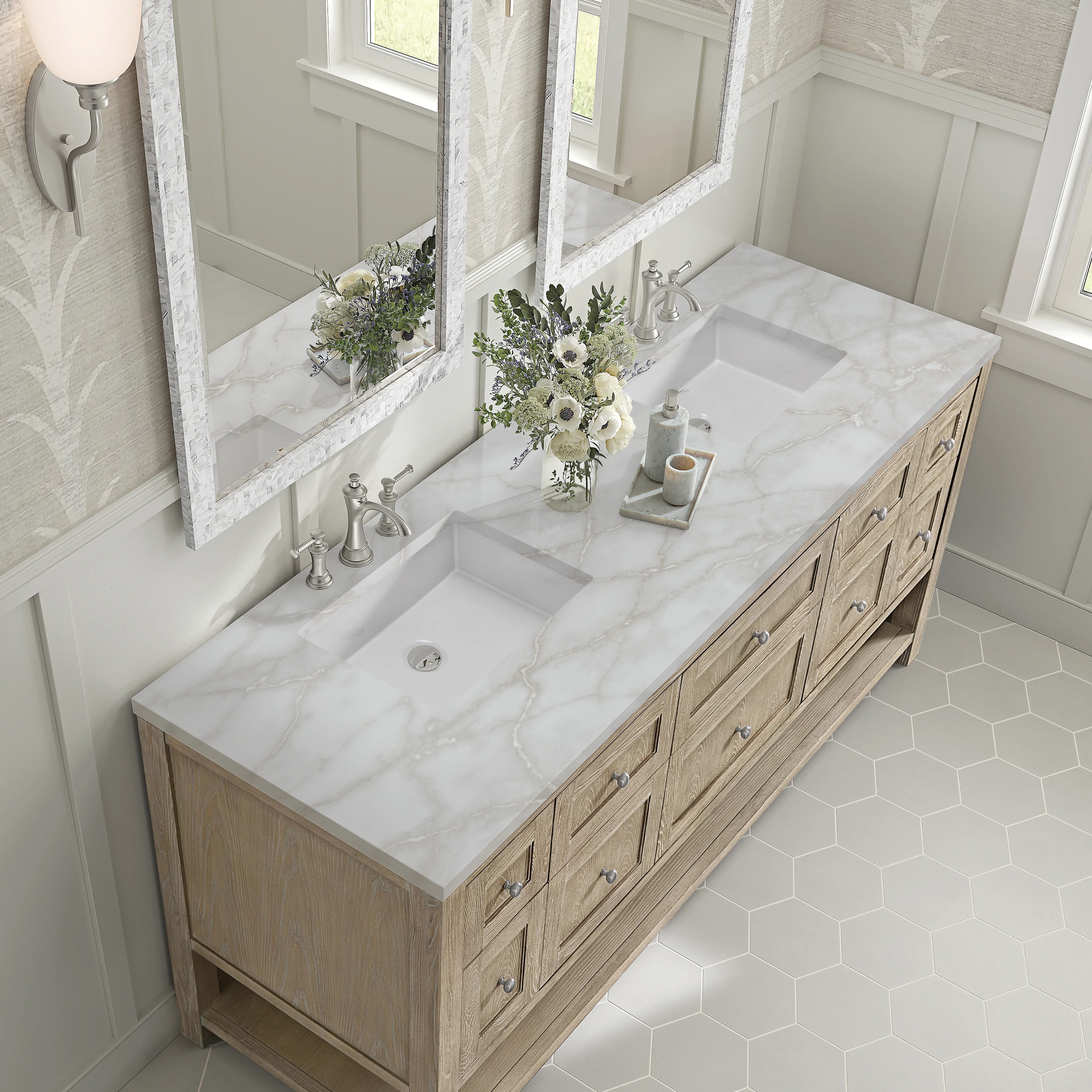 Breckenridge 72" Double Vanity, Whitewashed Oak w/ 3 CM Victorian Silver Silestone Top