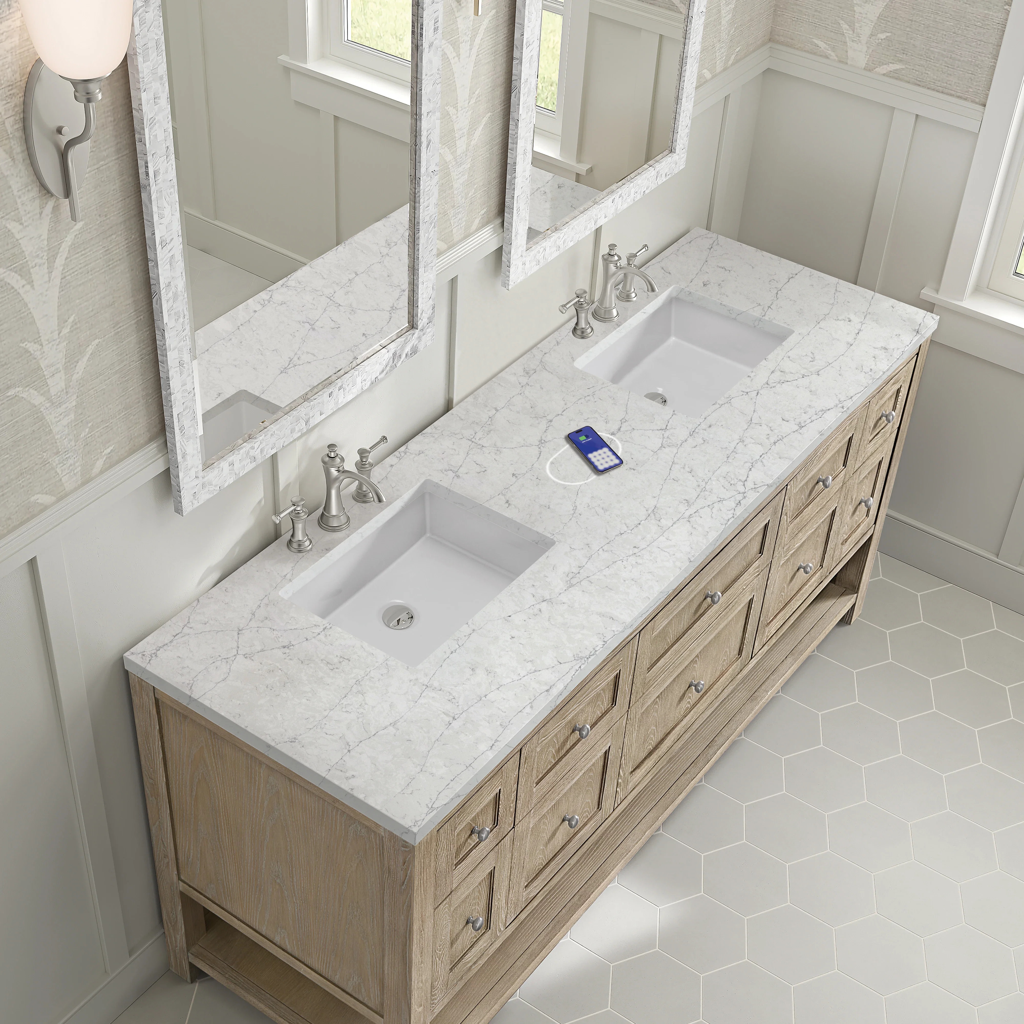Breckenridge 72" Double Vanity, Whitewashed Oak w/ 3 CM Eternal Jasmine Pearl Silestone Top w/FreePower Wireless Charger