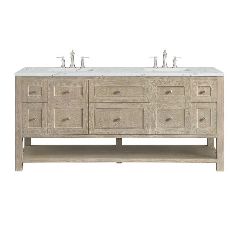 Breckenridge 72" Double Vanity, Whitewashed Oak w/ 3 CM Ethereal Noctis Silestone Top w/FreePower Wireless Charger