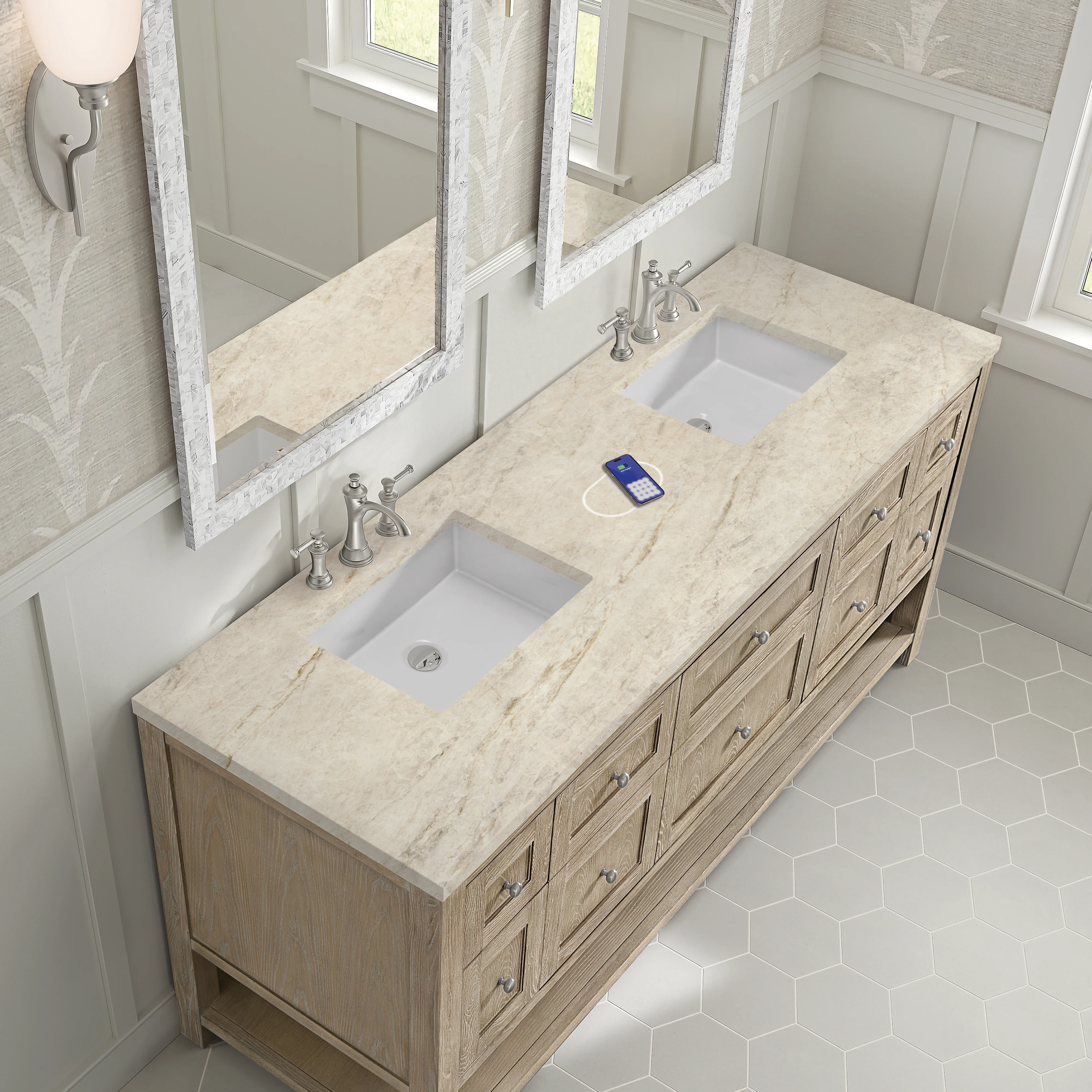 Breckenridge 72" Double Vanity, Whitewashed Oak, w/ 3 CM Tajnar Eclos Top w/FreePower Wireless Charger