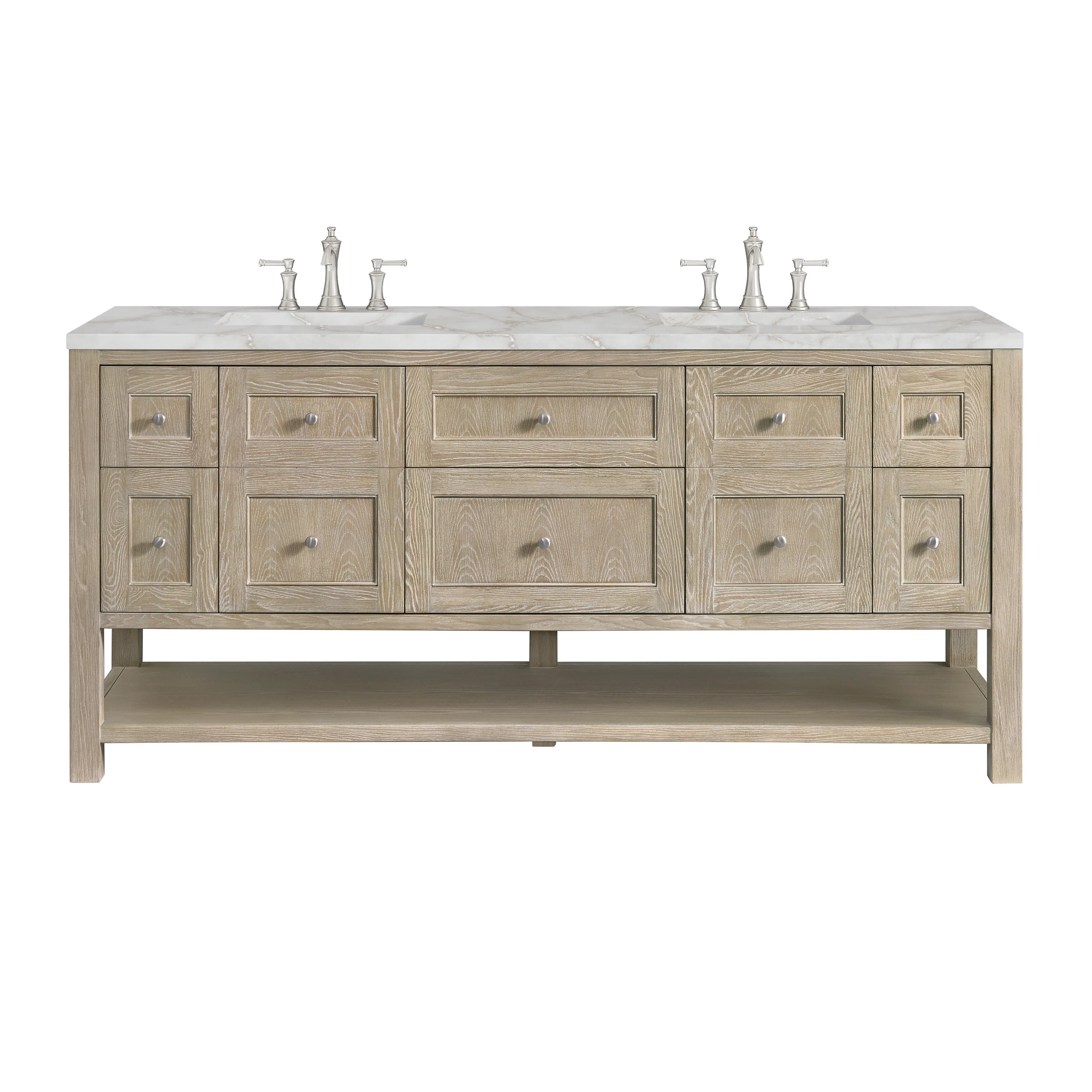 Breckenridge 72" Double Vanity, Whitewashed Oak w/ 3 CM Victorian Silver Silestone Top w/FreePower Wireless Charger