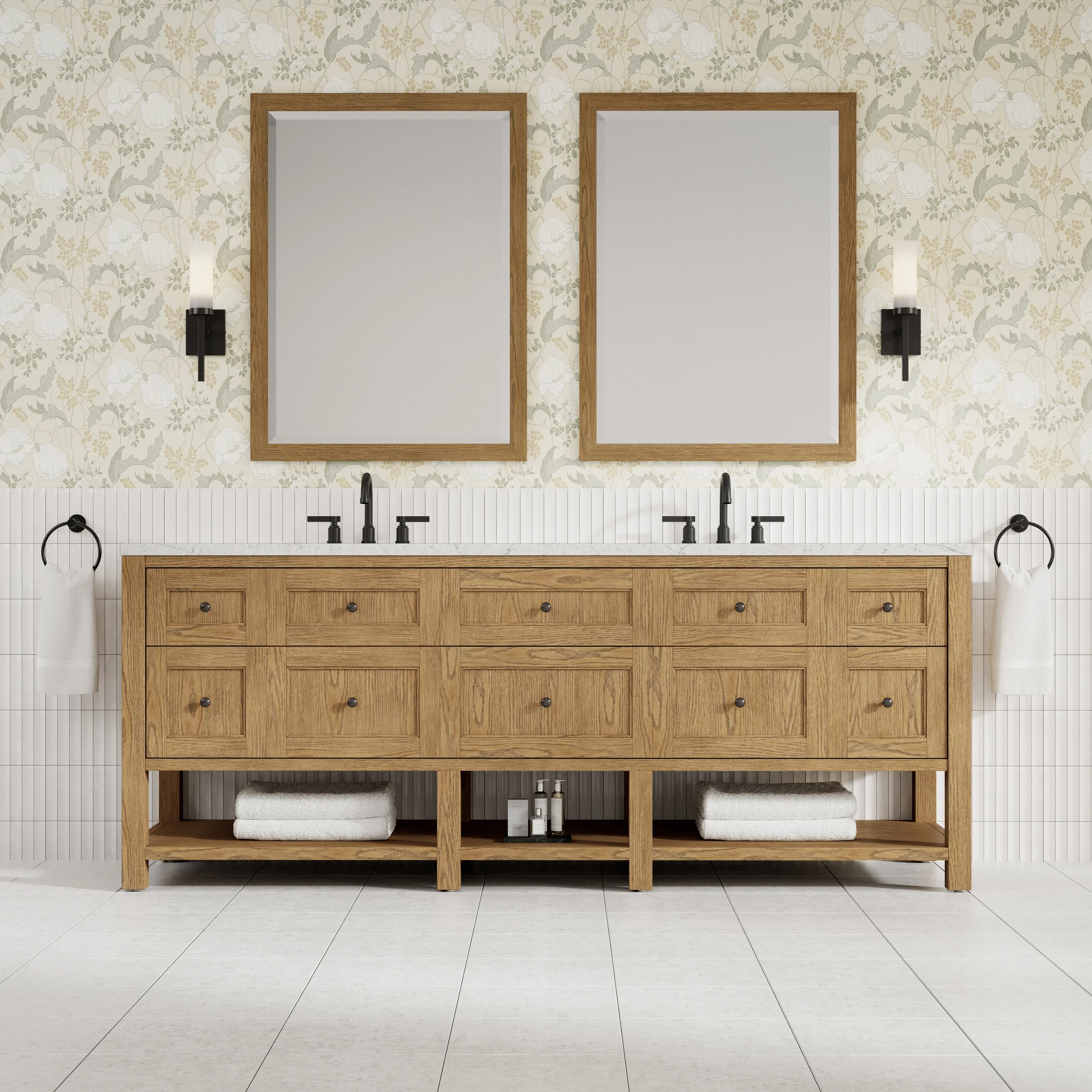 Breckenridge 84" Double Vanity, Light Natural Oak w/ 3 CM Eternal Jasmine Pearl Top