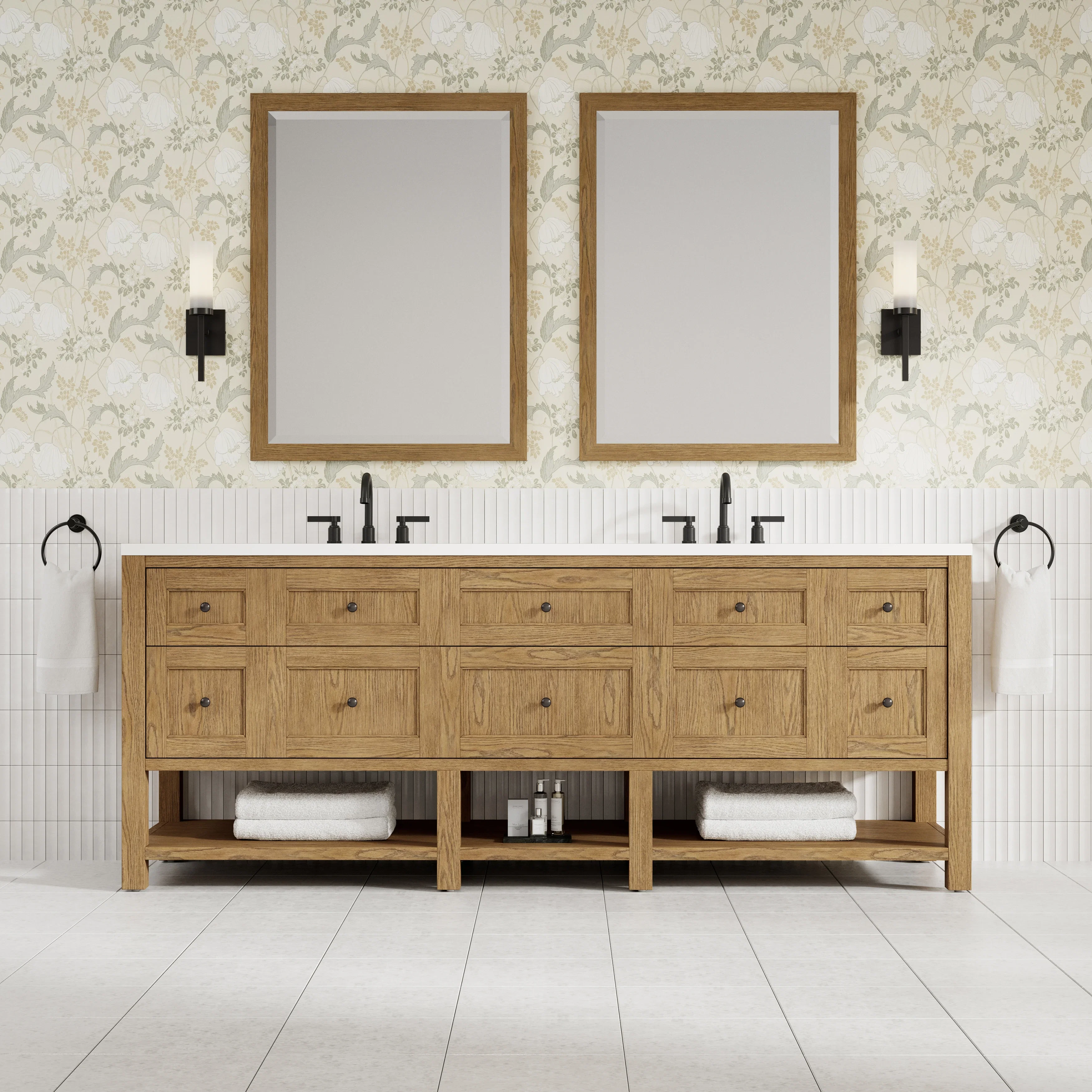 Breckenridge 84" Double Vanity, Light Natural Oak w/ 3 CM White Zeus Top