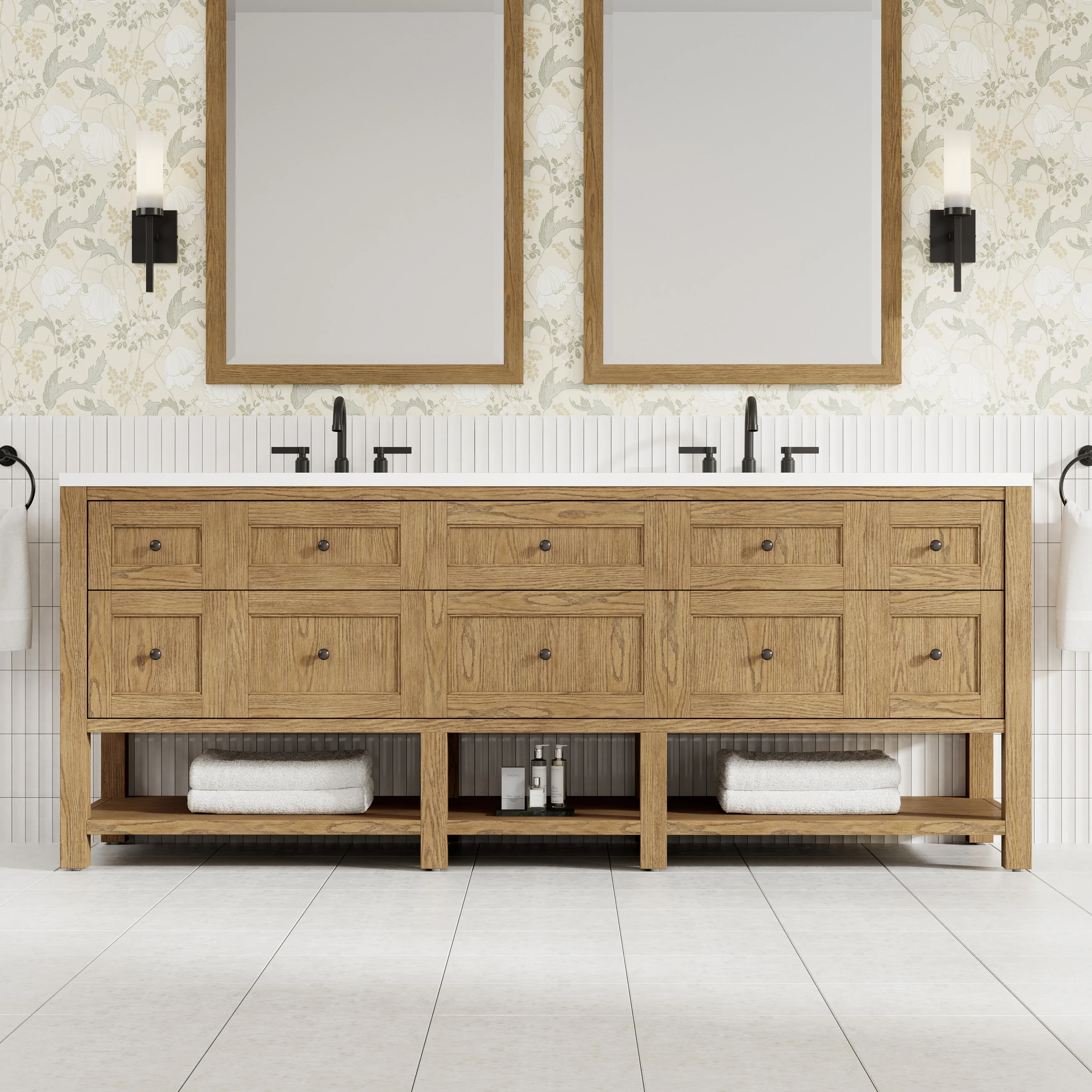 Breckenridge 84" Double Vanity, Light Natural Oak w/ 3 CM White Zeus Top