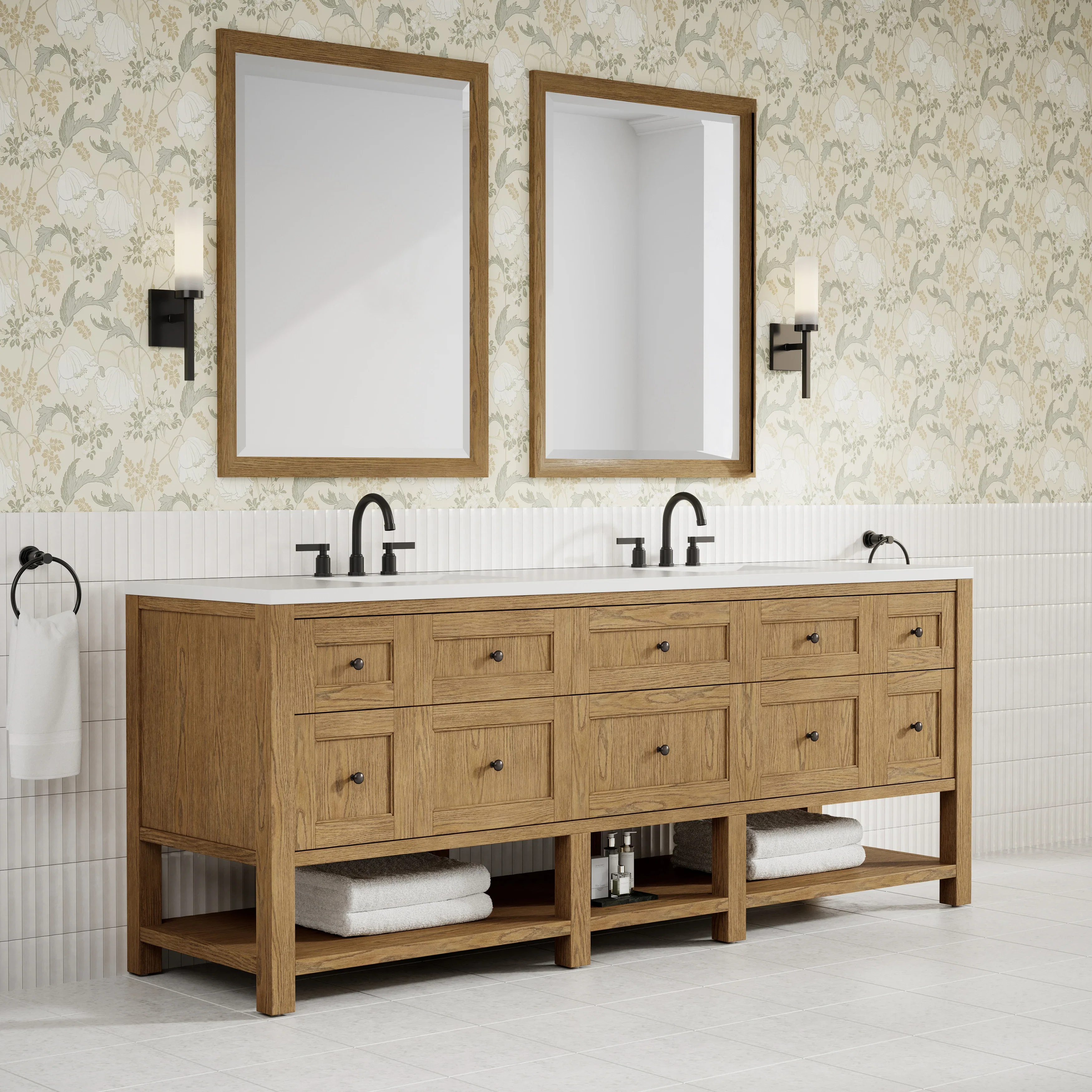 Breckenridge 84" Double Vanity, Light Natural Oak w/ 3 CM White Zeus Top
