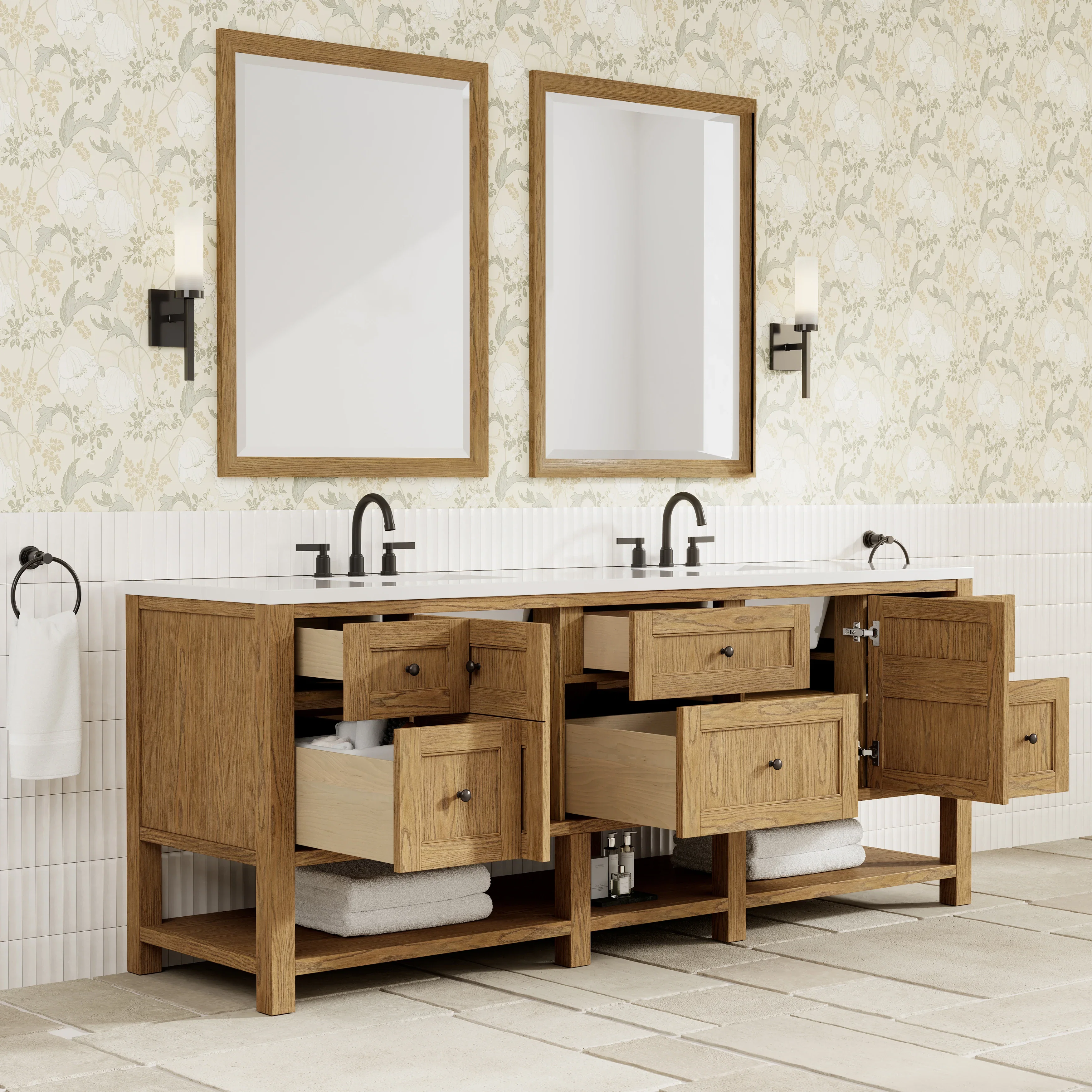 Breckenridge 84" Double Vanity, Light Natural Oak w/ 3 CM White Zeus Top