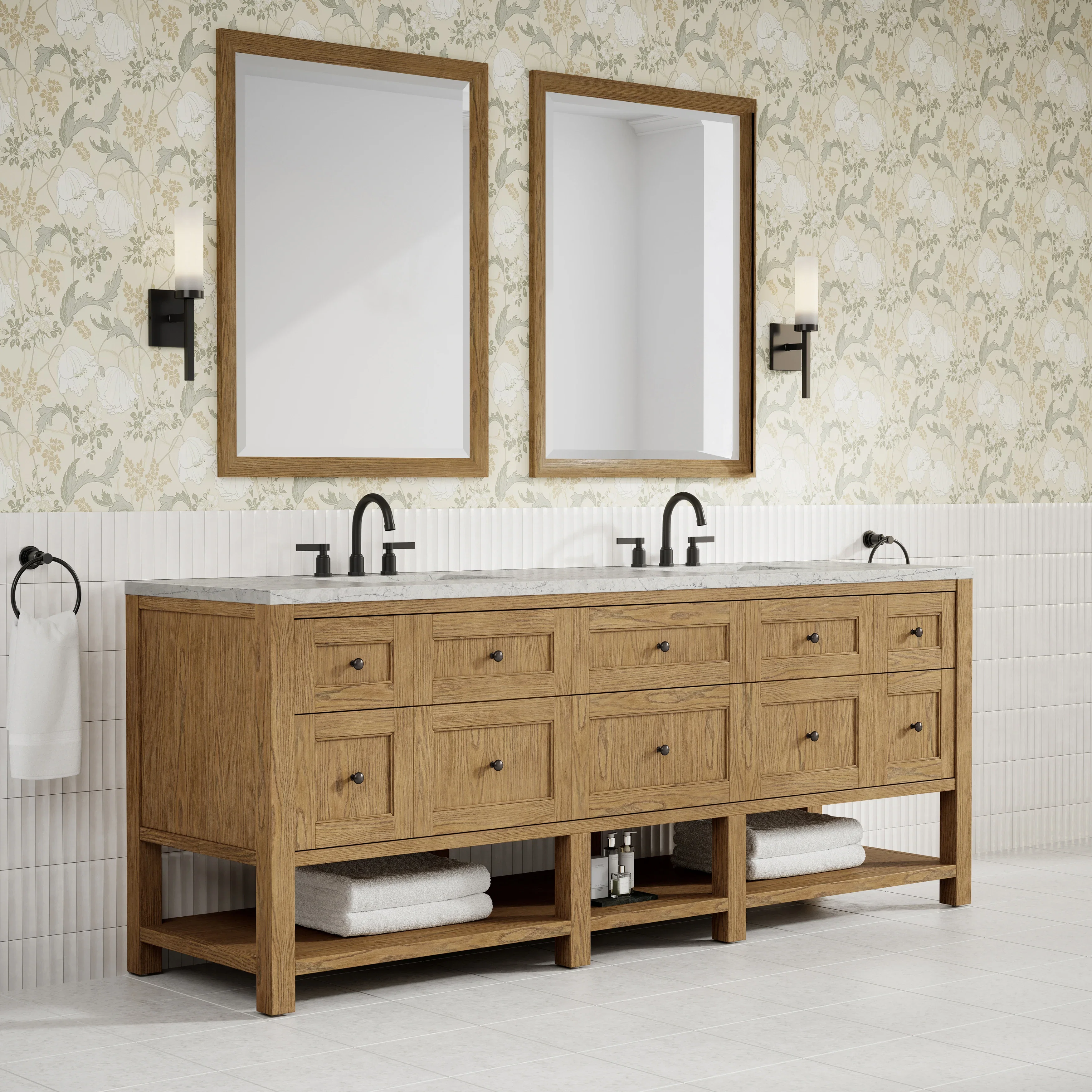 Breckenridge 84" Double Vanity, Light Natural Oak w/ 3 CM Eternal Jasmine Pearl Top w/FreePower Wireless Charger