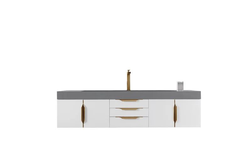 Mercer Island 72" Single Vanity, Glossy White, Radiant Gold w/ Dusk Grey Glossy Composite Stone Top