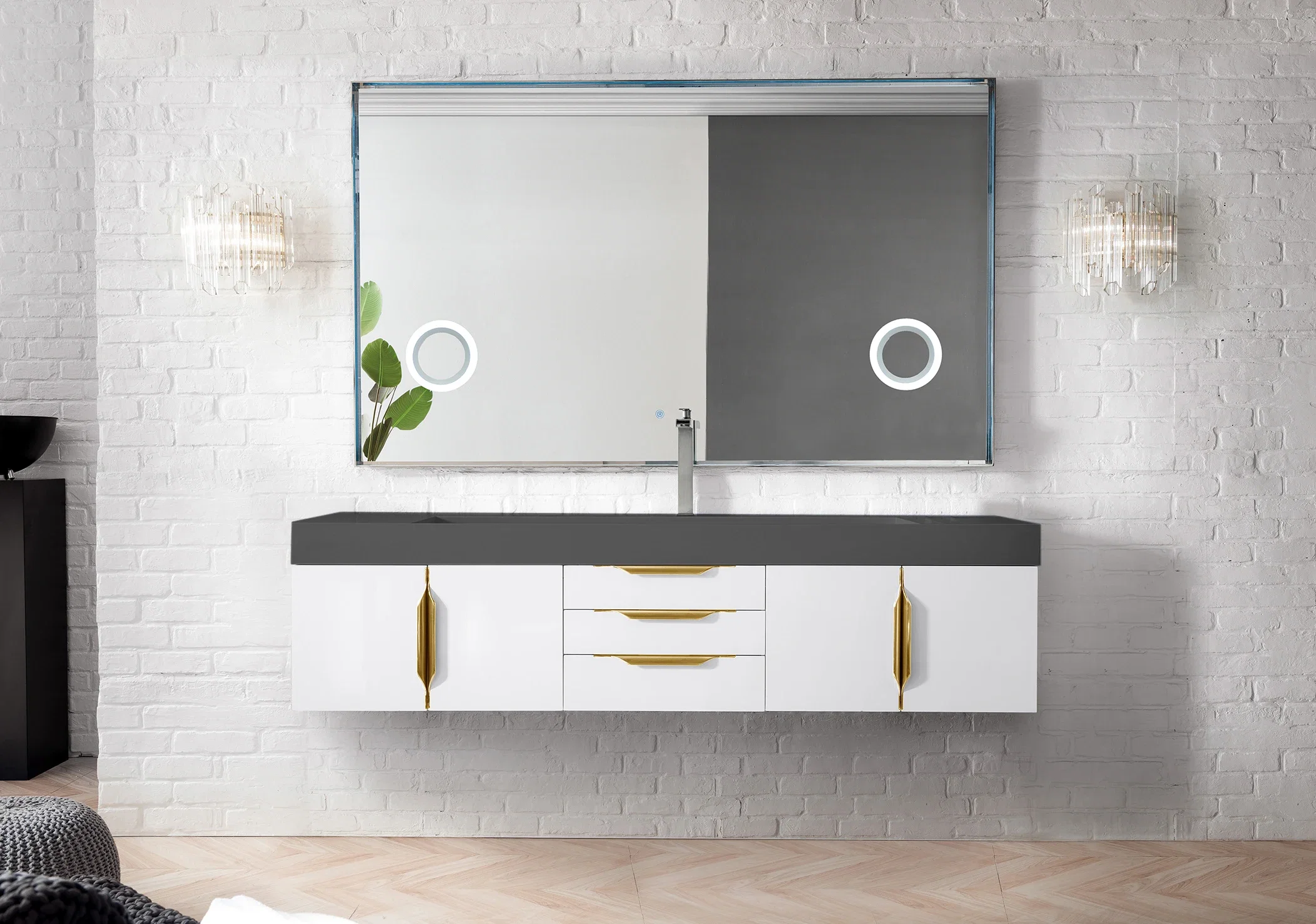 Mercer Island 72" Single Vanity, Glossy White, Radiant Gold w/ Dusk Grey Glossy Composite Stone Top
