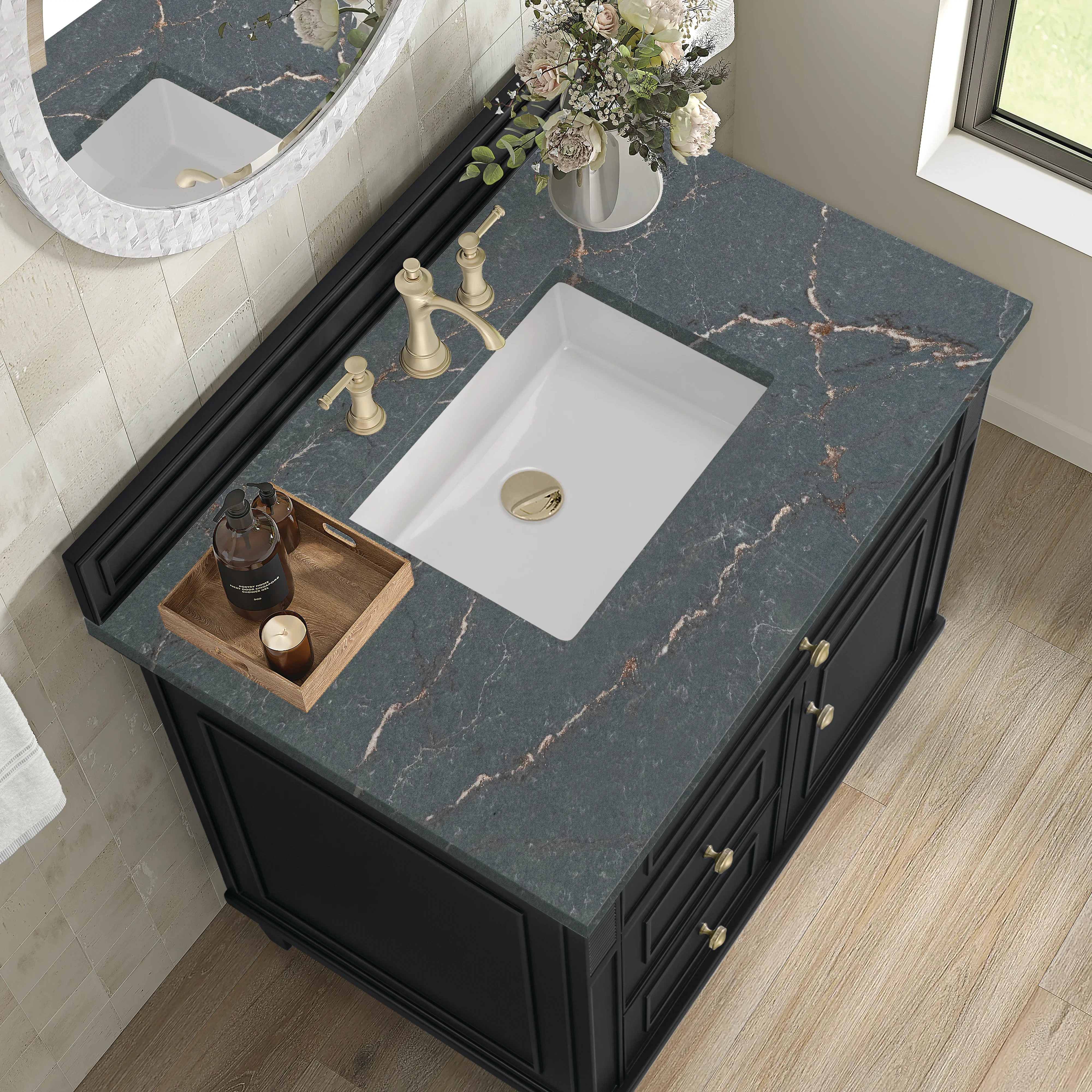 Lorelai 36" Single Vanity, Black Onyx w/ 3 CM Parisien Bleu Silestone Top
