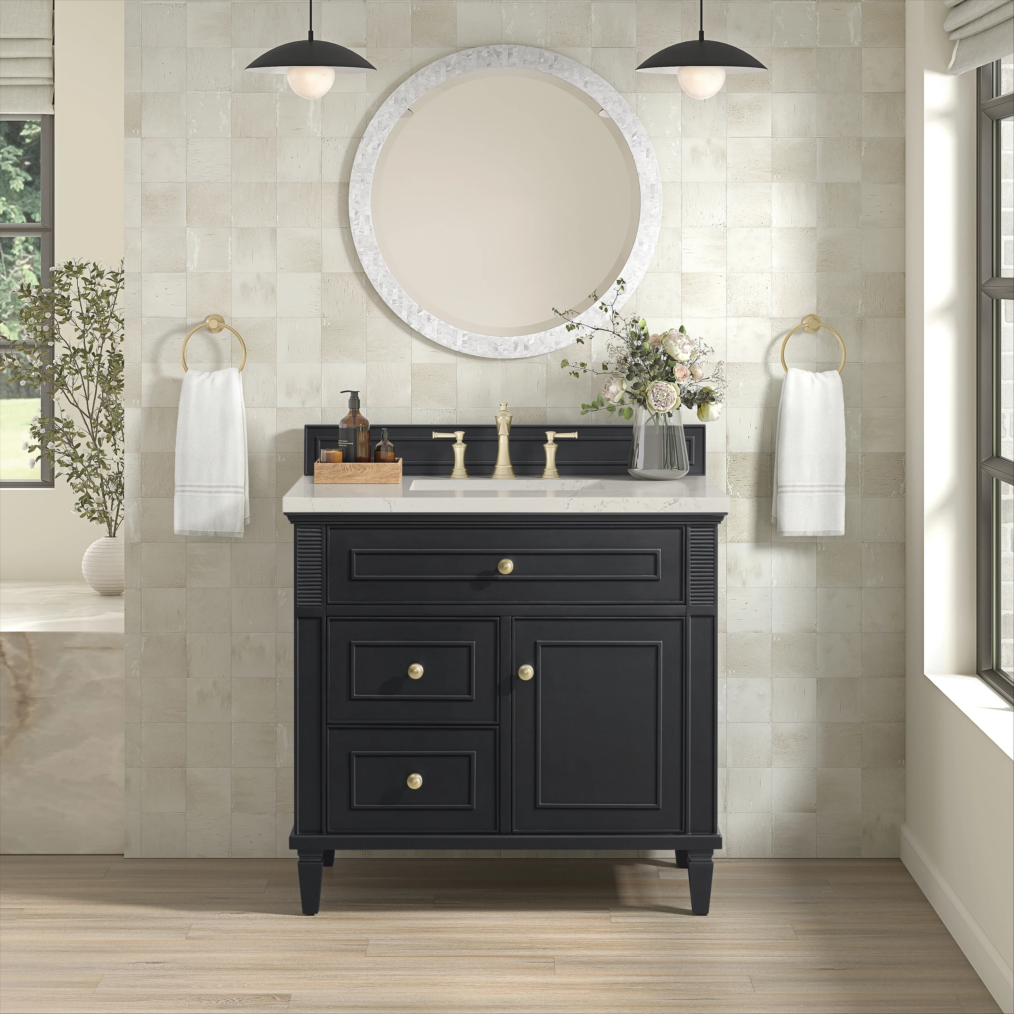 Lorelai 36" Single Vanity, Black Onyx, w/ 3 CM Siberian Silestone Top