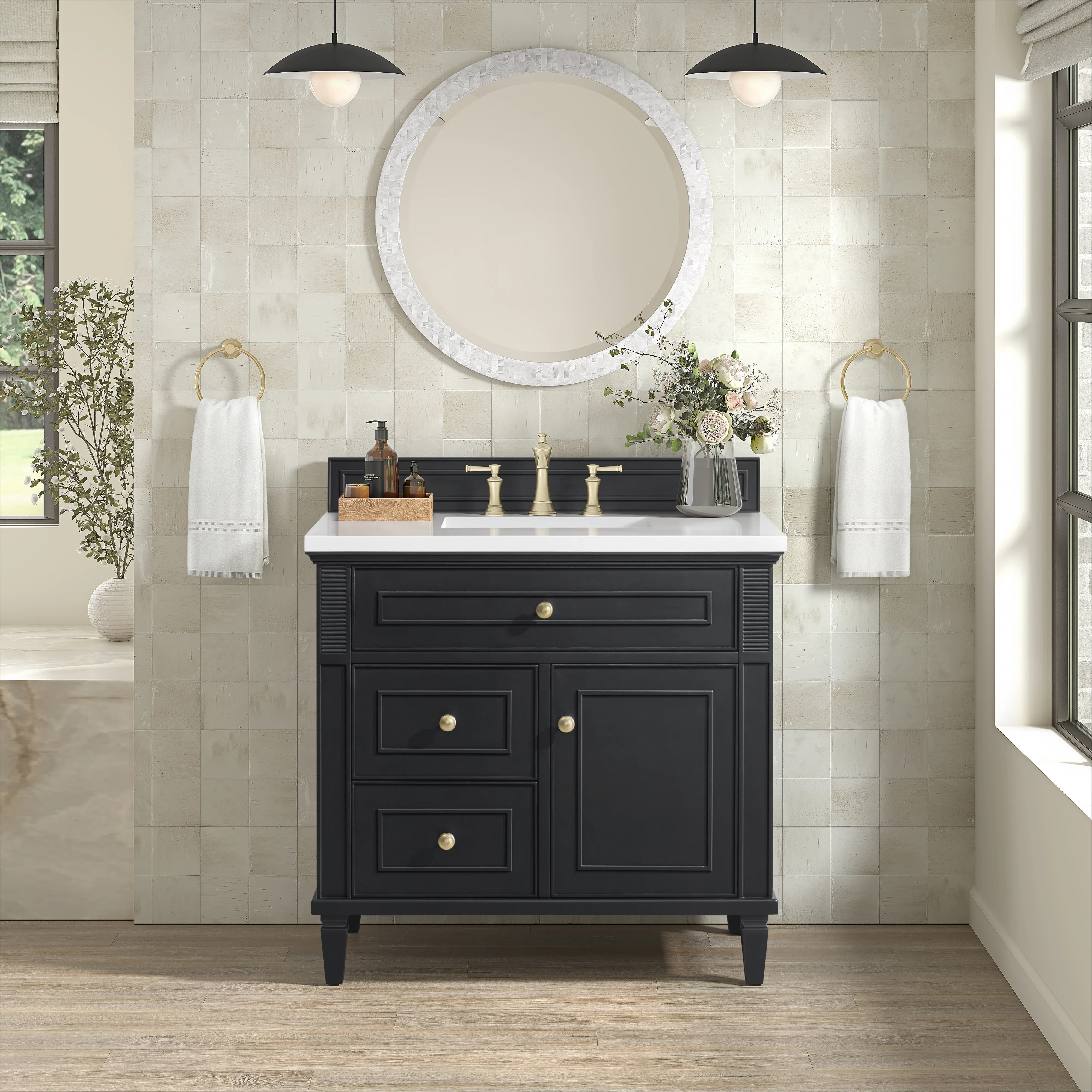 Lorelai 36" Single Vanity, Black Onyx w/ 3 CM White Zeus Silestone Top