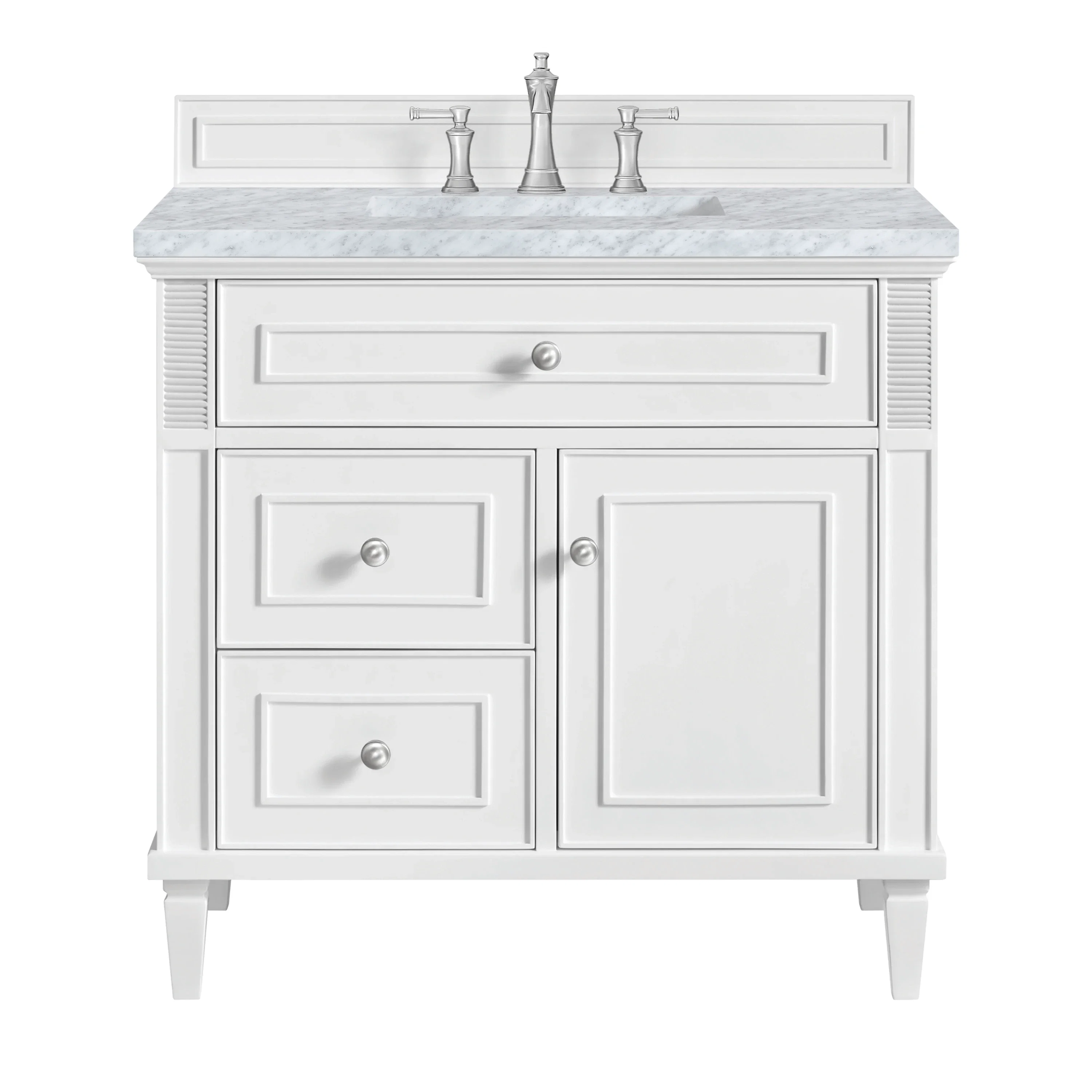 Lorelai 36" Single Vanity, Bright White w/ 3 CM Carrara White Marble Top