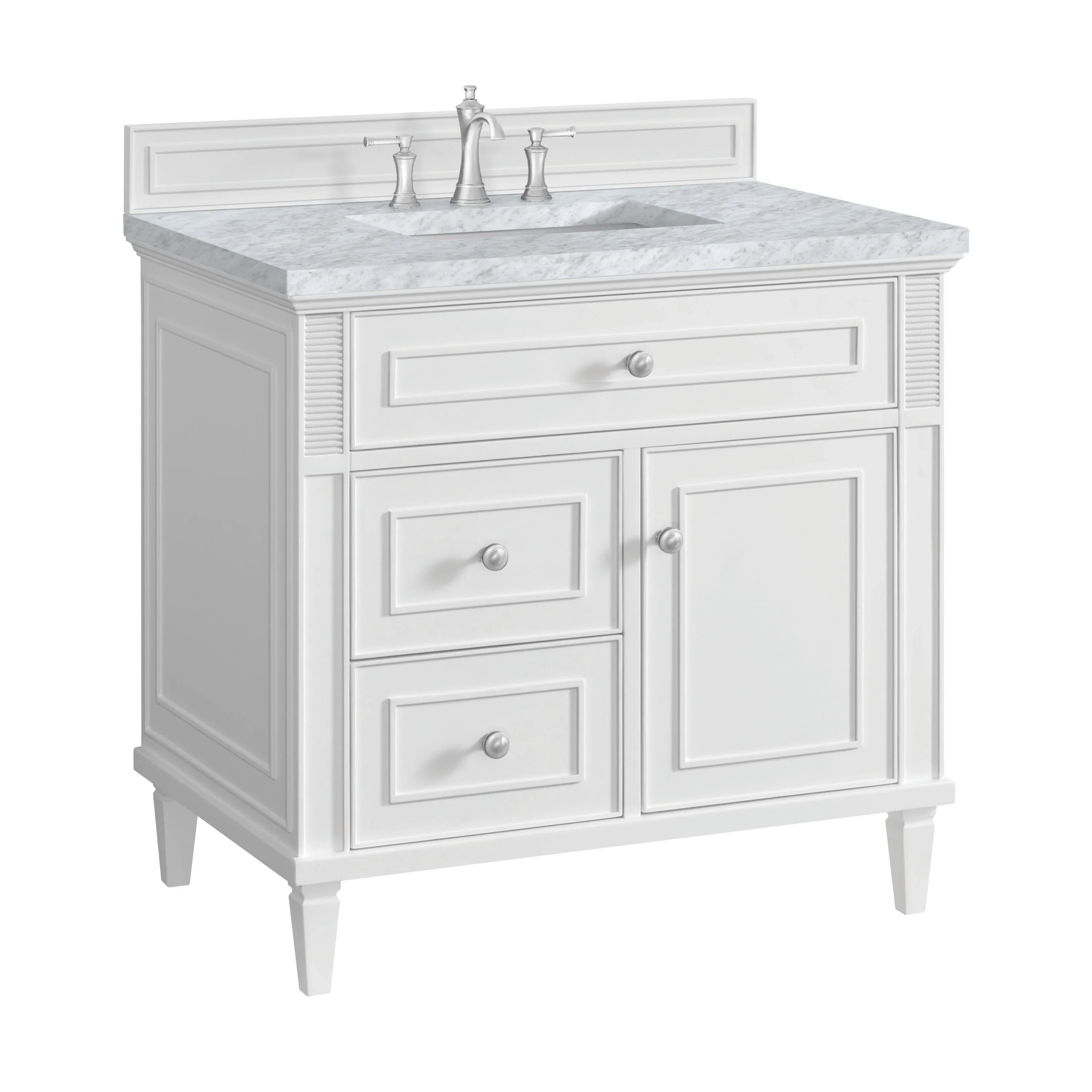Lorelai 36" Single Vanity, Bright White w/ 3 CM Carrara White Marble Top