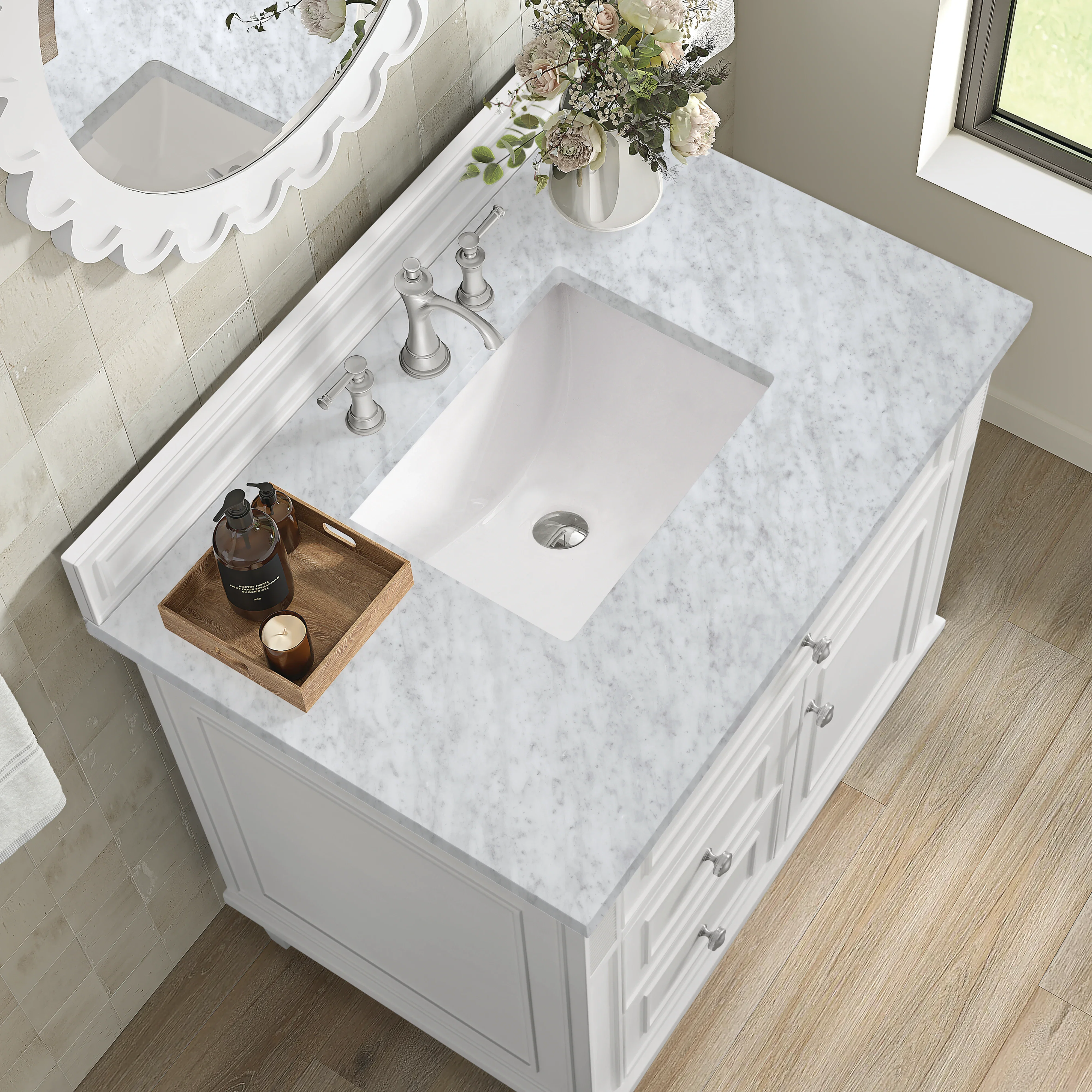 Lorelai 36" Single Vanity, Bright White w/ 3 CM Carrara White Marble Top