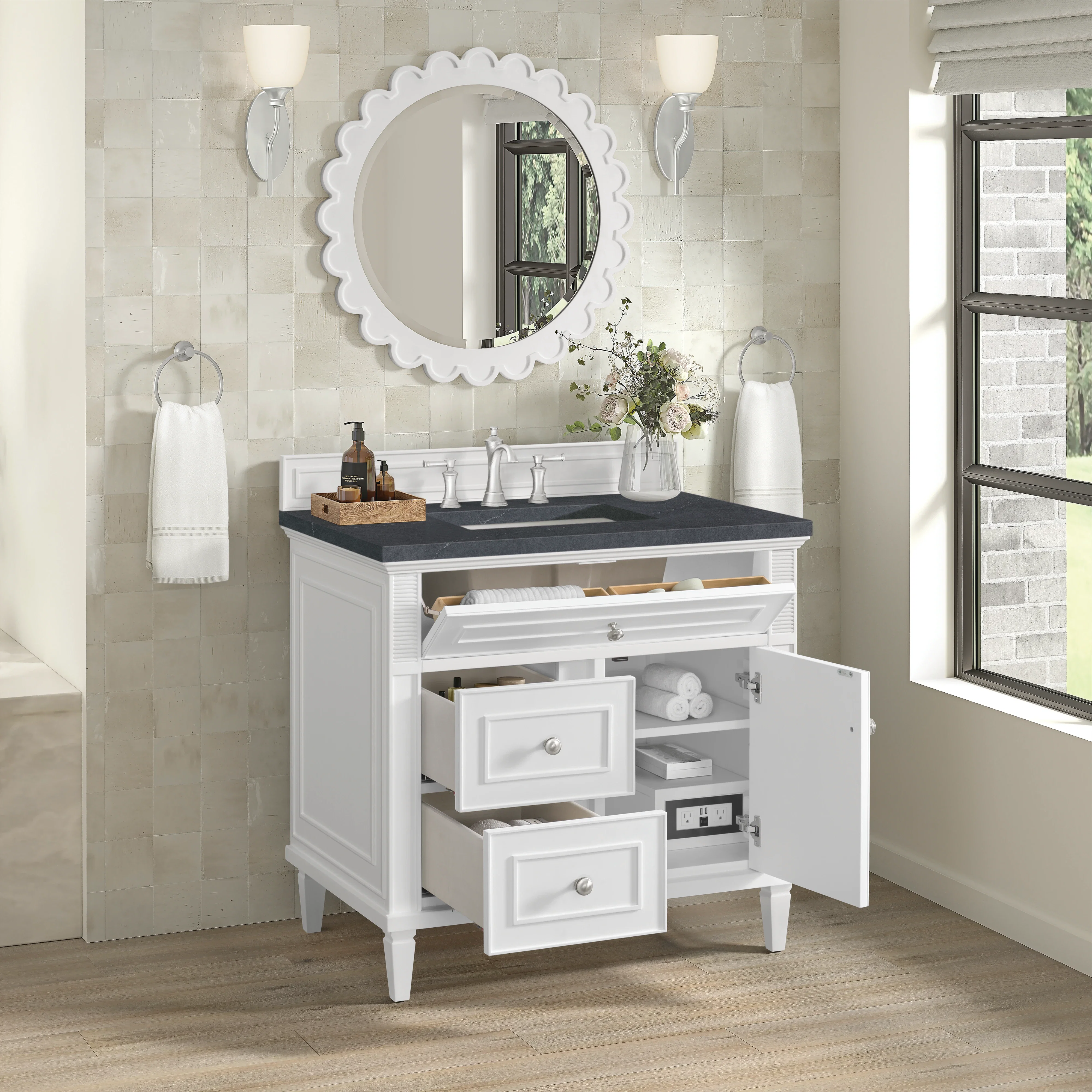 Lorelai 36" Single Vanity, Bright White w/ 3 CM Charcoal Soapstone Silestone Top