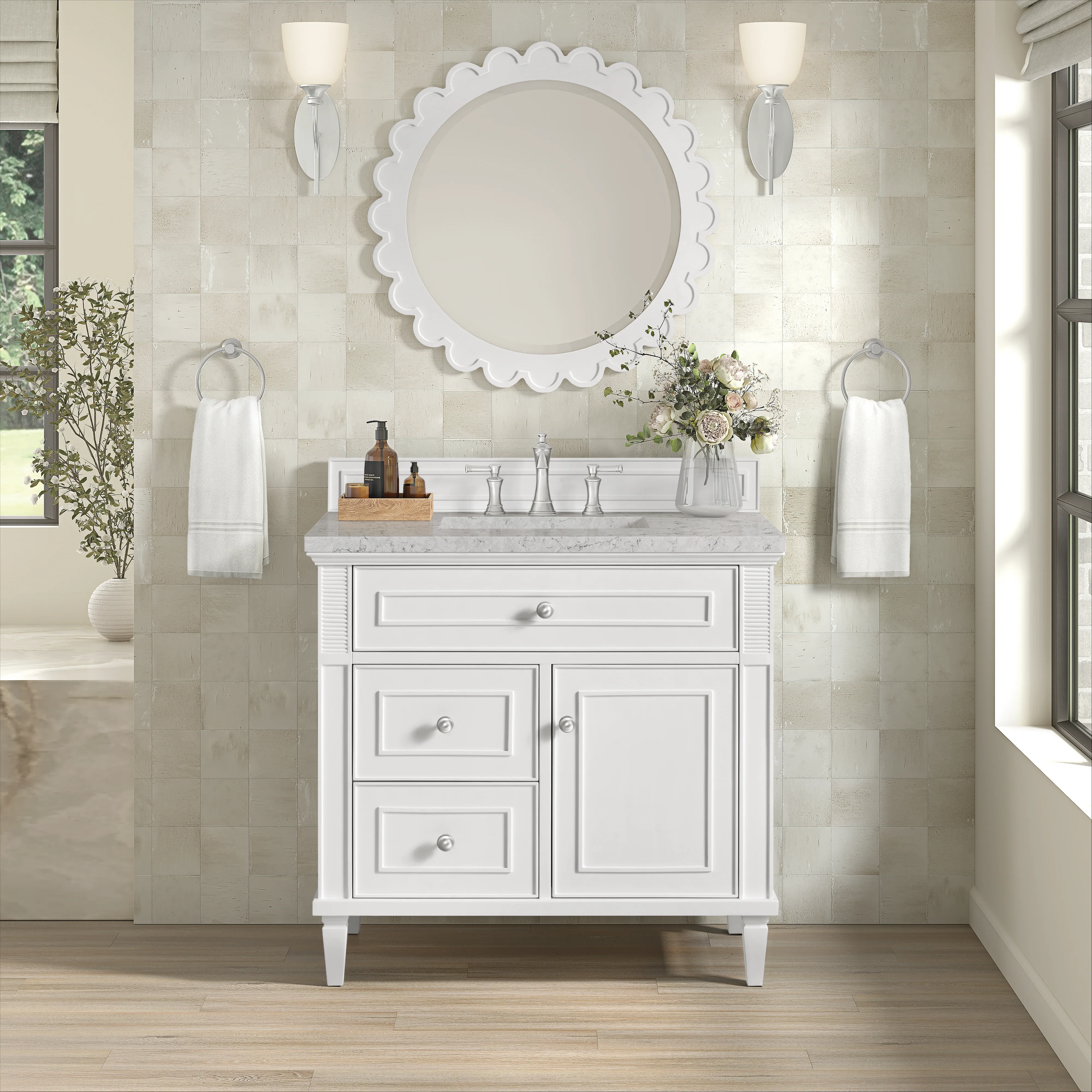 Lorelai 36" Single Vanity, Bright White w/ 3 CM Eternal Jasmine Pearl Silestone Top