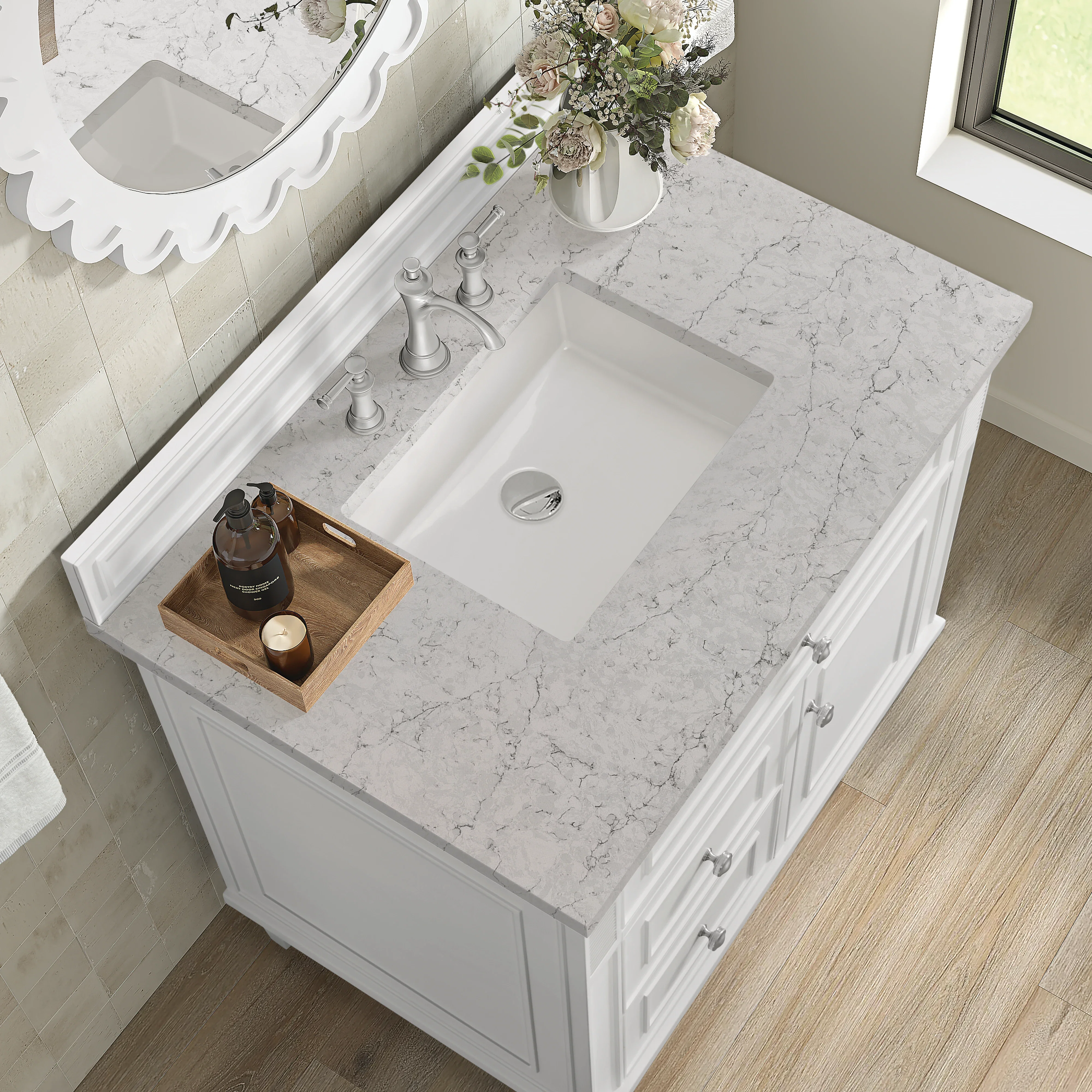Lorelai 36" Single Vanity, Bright White w/ 3 CM Eternal Jasmine Pearl Silestone Top