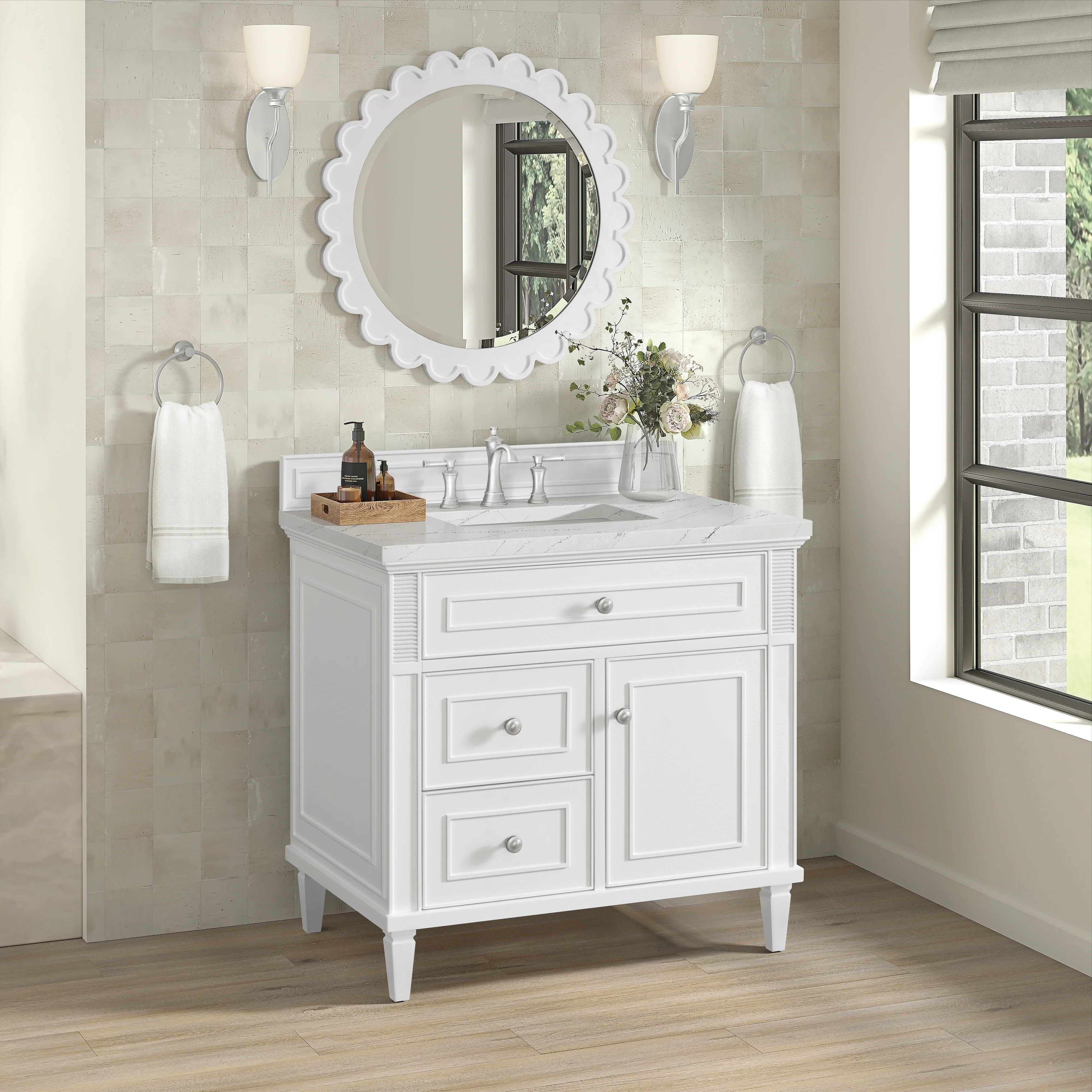 Lorelai 36" Single Vanity, Bright White w/ 3 CM Ethereal Noctis Silestone Top