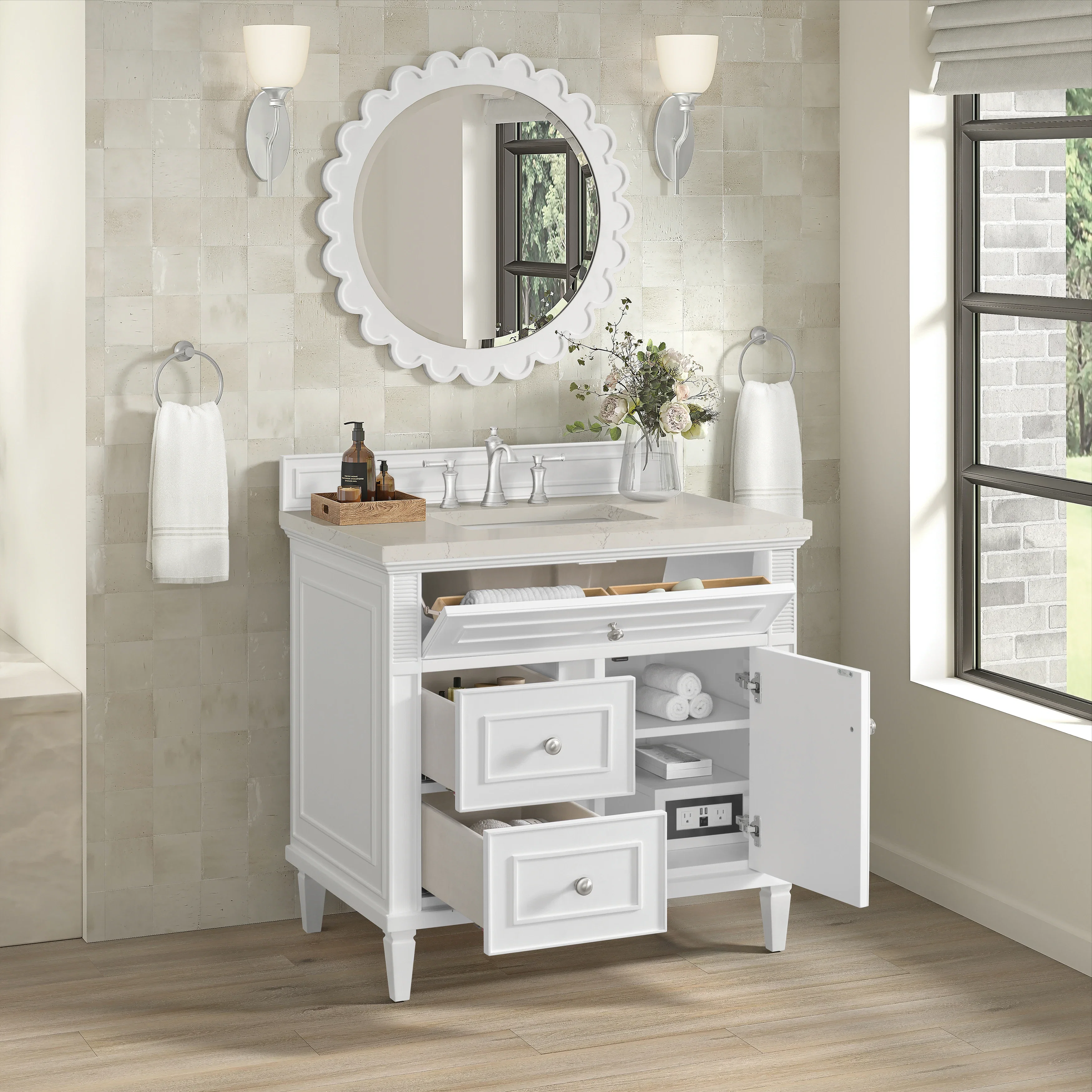 Lorelai 36" Single Vanity, Bright White, w/ 3 CM Siberian Silestone Top