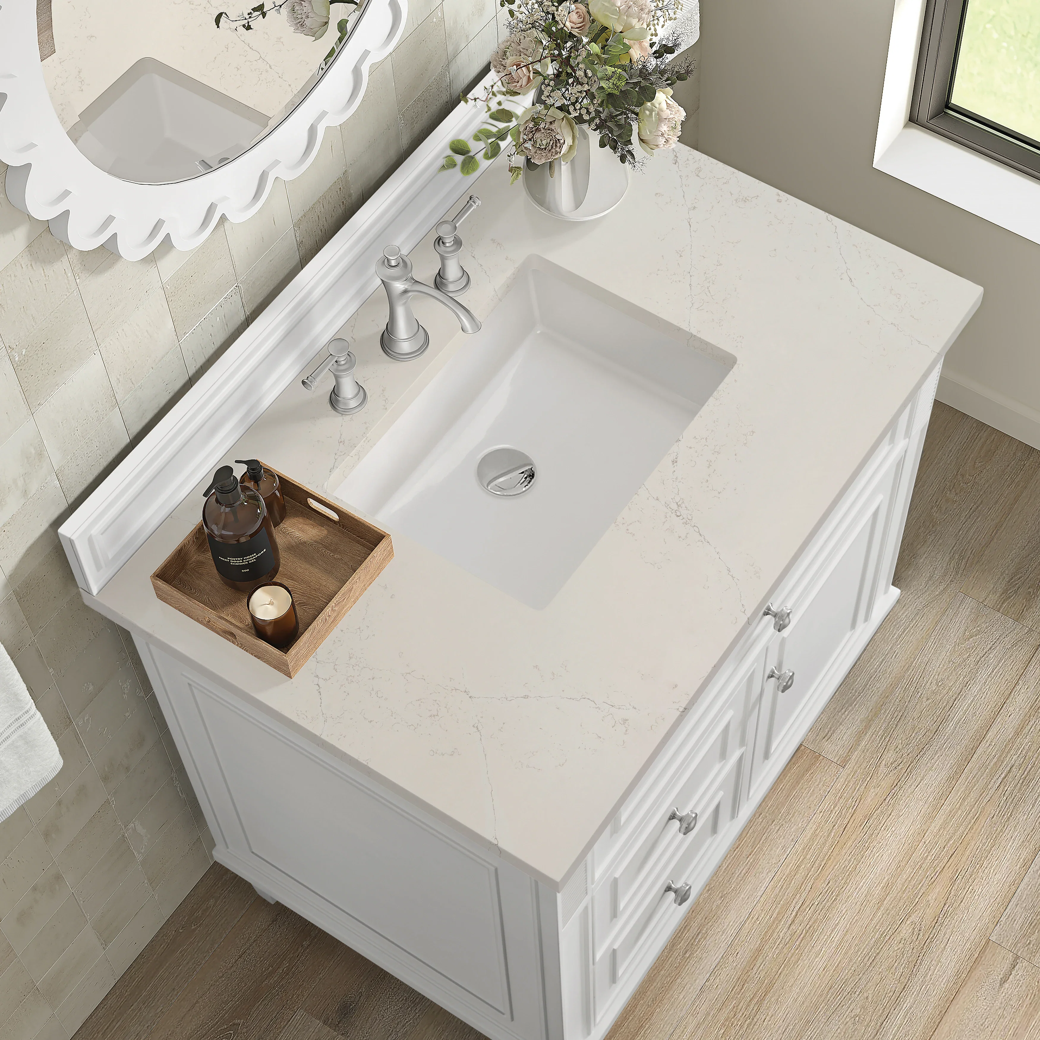 Lorelai 36" Single Vanity, Bright White, w/ 3 CM Siberian Silestone Top