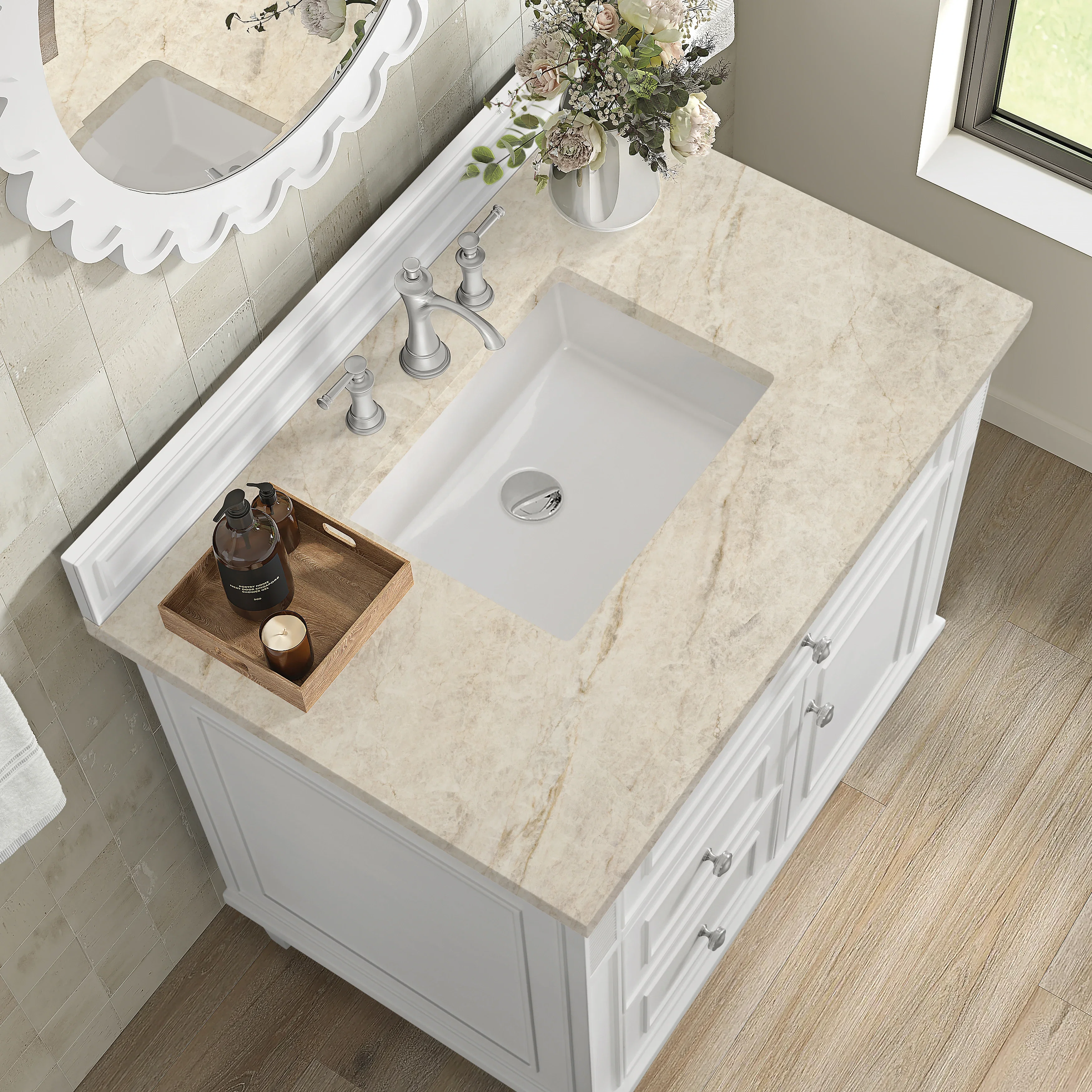 Lorelai 36" Single Vanity, Bright White, w/ 3 CM Tajnar Eclos Top