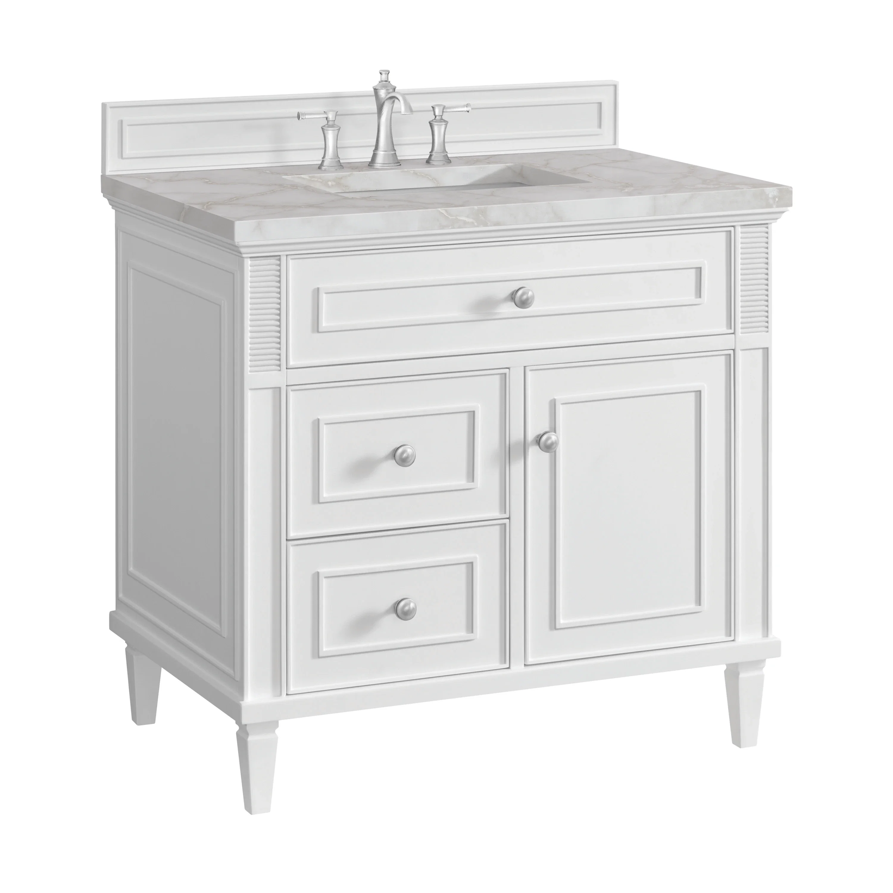 Lorelai 36" Single Vanity, Bright White w/ 3 CM Victorian Silver Silestone Top