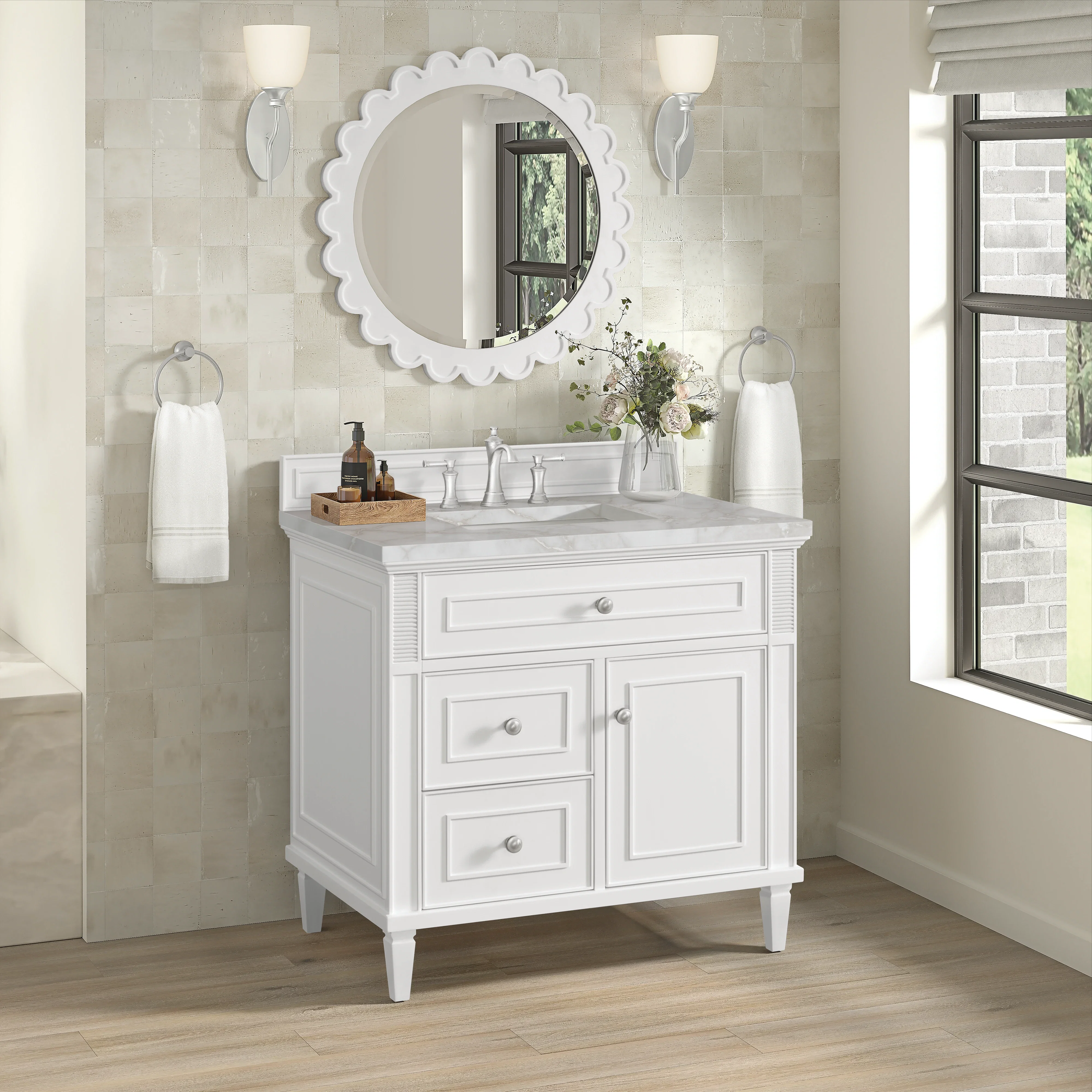 Lorelai 36" Single Vanity, Bright White w/ 3 CM Victorian Silver Silestone Top